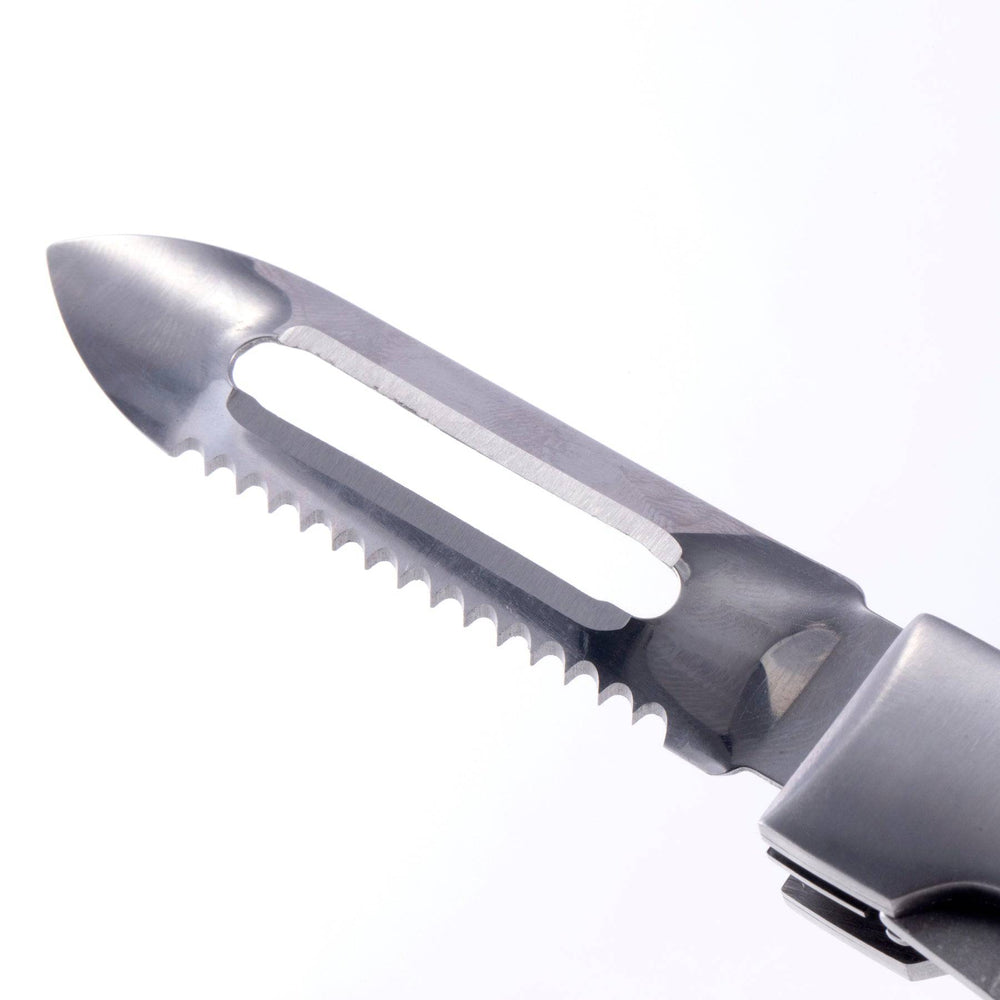 A close up view of the peeler with fish scaler edge on the Messermeister Adventure Chef Folding Peeler and Parer