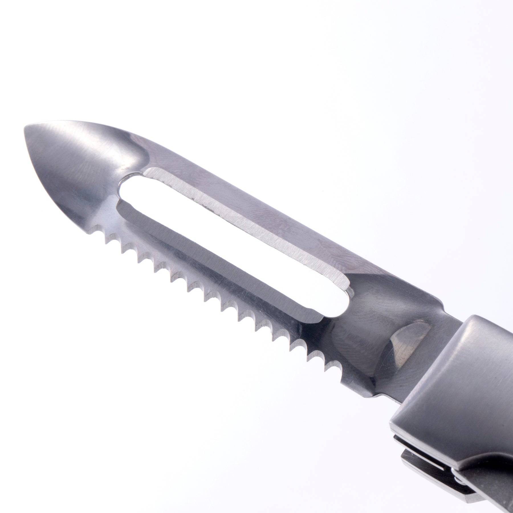 A close up view of the peeler with fish scaler edge on the Messermeister Adventure Chef Folding Peeler and Parer