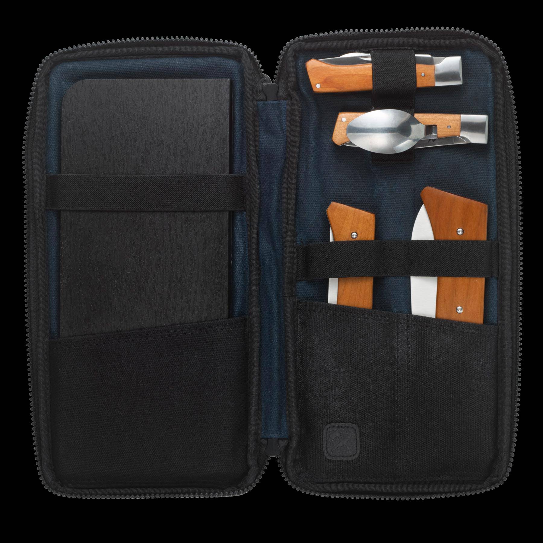 Messermeister Adventure Chef Maple Summit 6 Piece set showing all 5 pieces tucked inside of the open zippered carrying case
