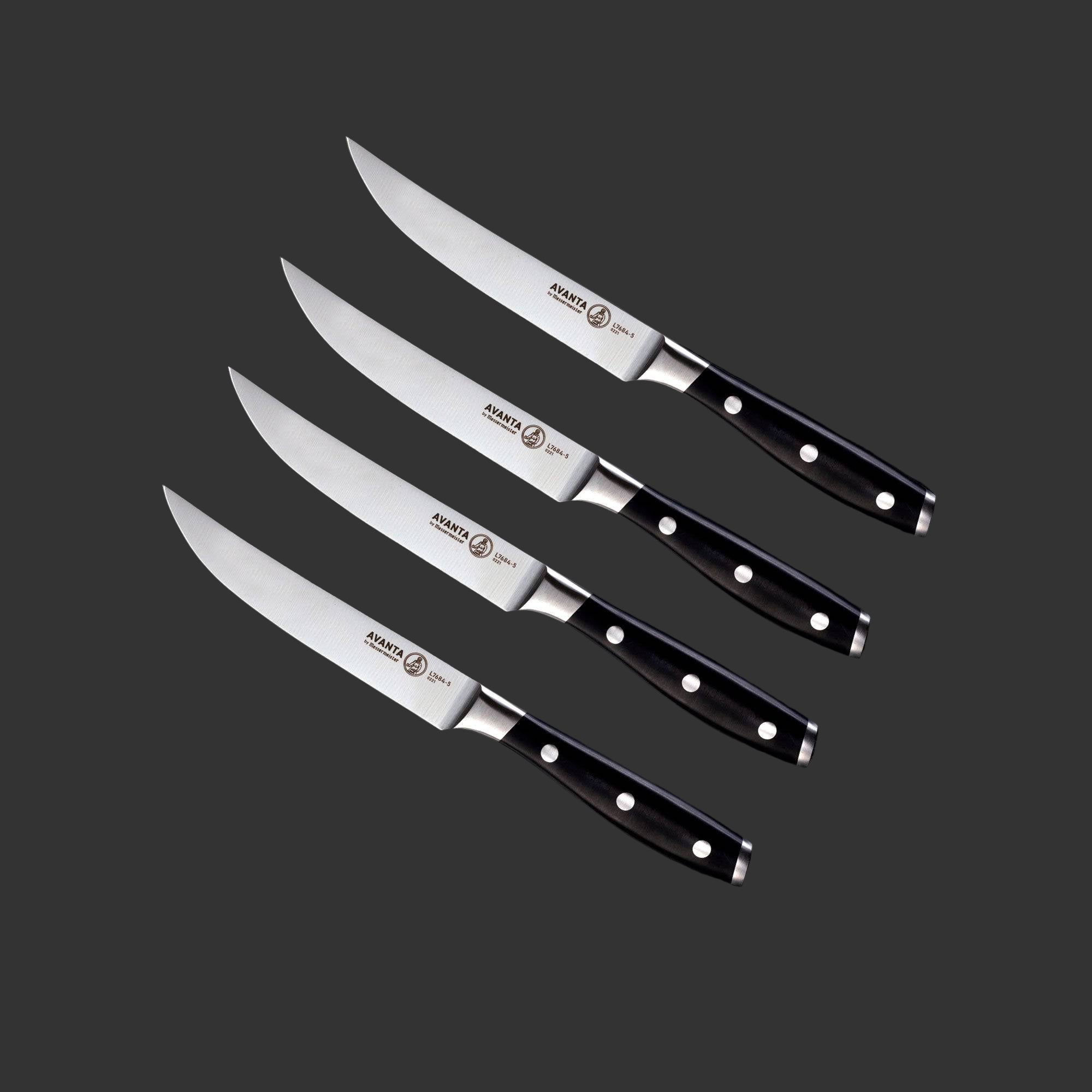Messermeister Avanta 4 piece steak knife set angled view showing POM handle and blade profile