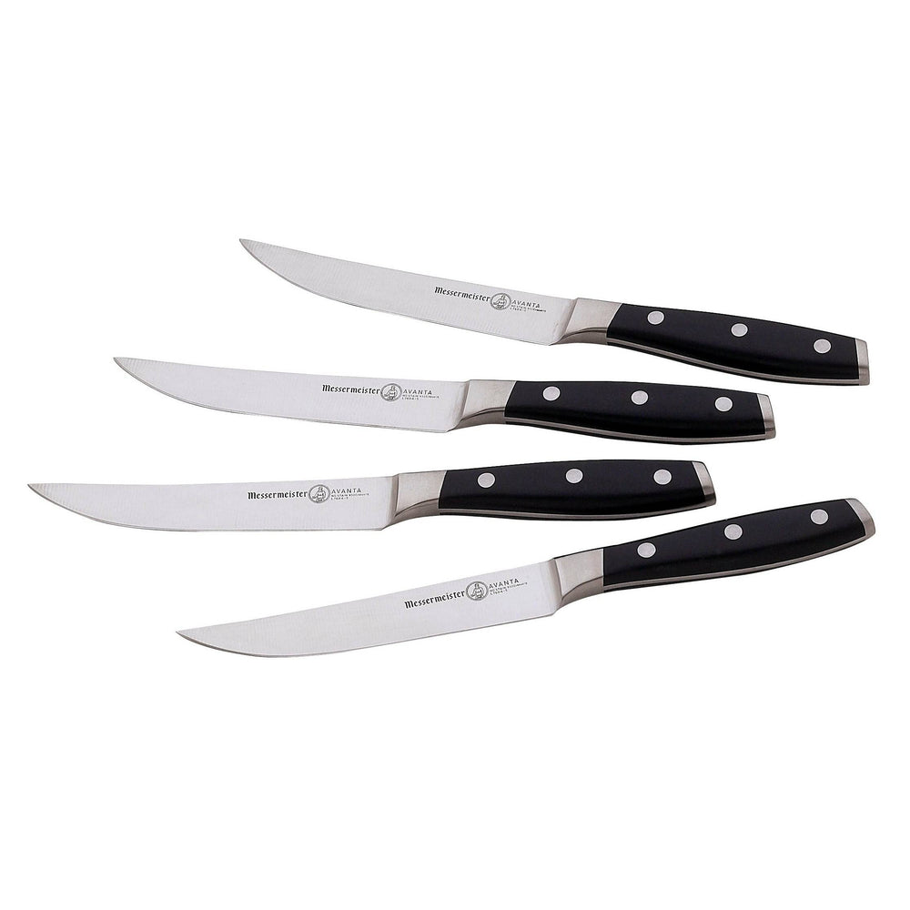 Messermeister Avanta 4-piece steak knife set displayed with black POM handles and polished blades