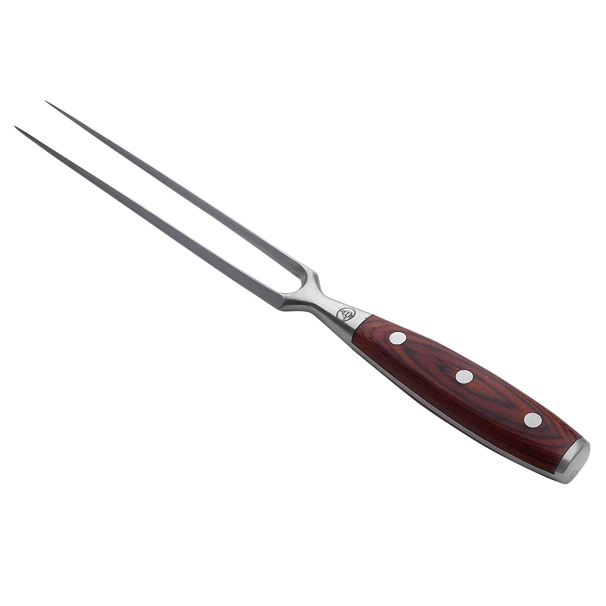 Messermeister carving fork with pakkawood handle and polished stainless steel prongs angled to the left