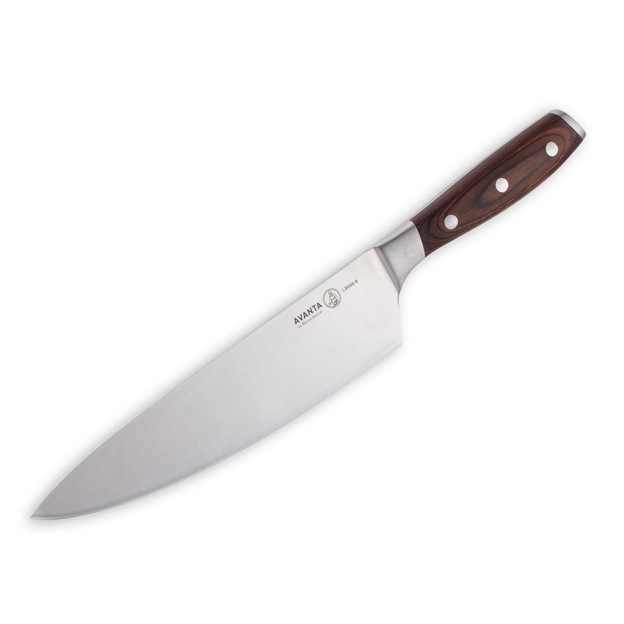 Messermeister Avanta chef knife with pakkawood handle and stainless steel blade detail