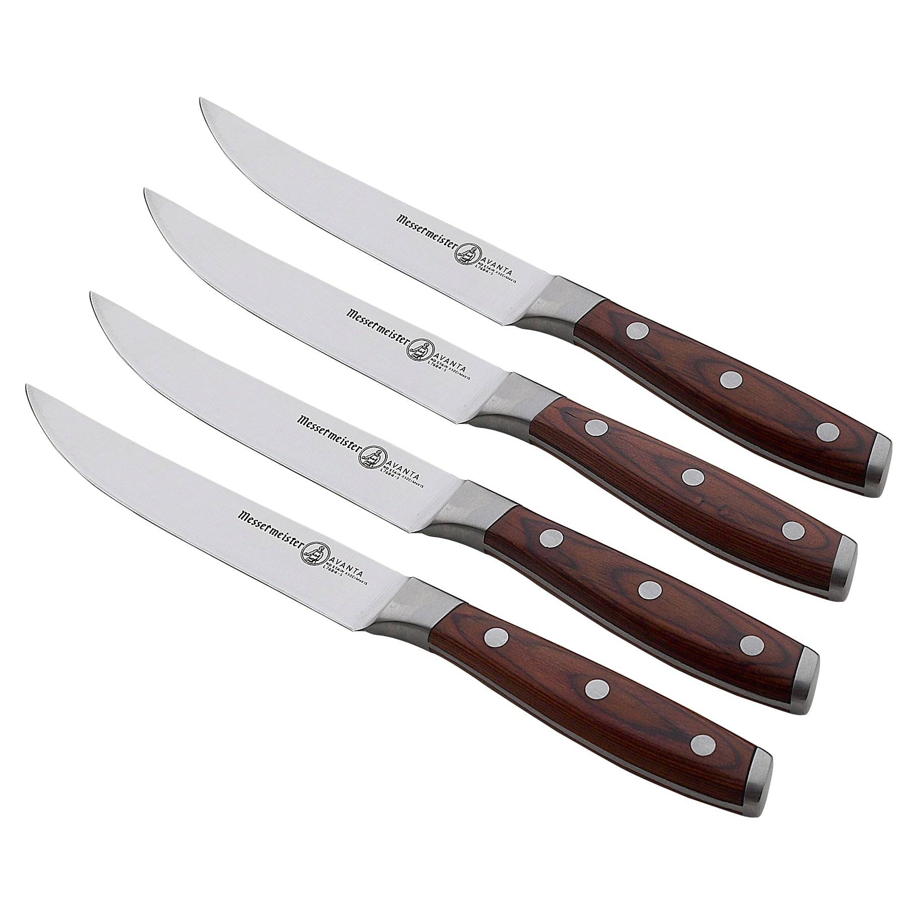 Messermeister Avanta steak knife set of four with stainless steel blades and wood grain pakkawood handles