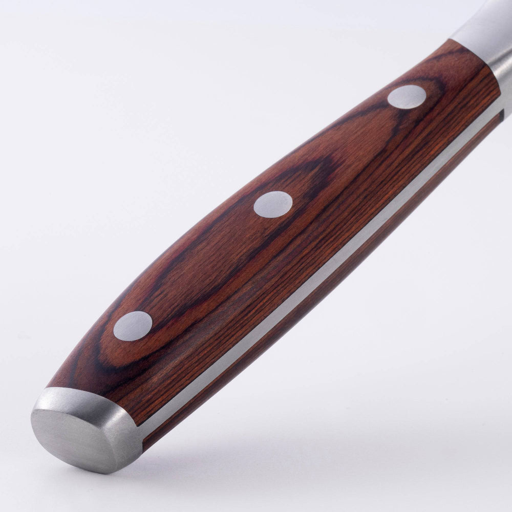 Messermeister Avanta pakkawood steak knife handle detail showing texture and finish