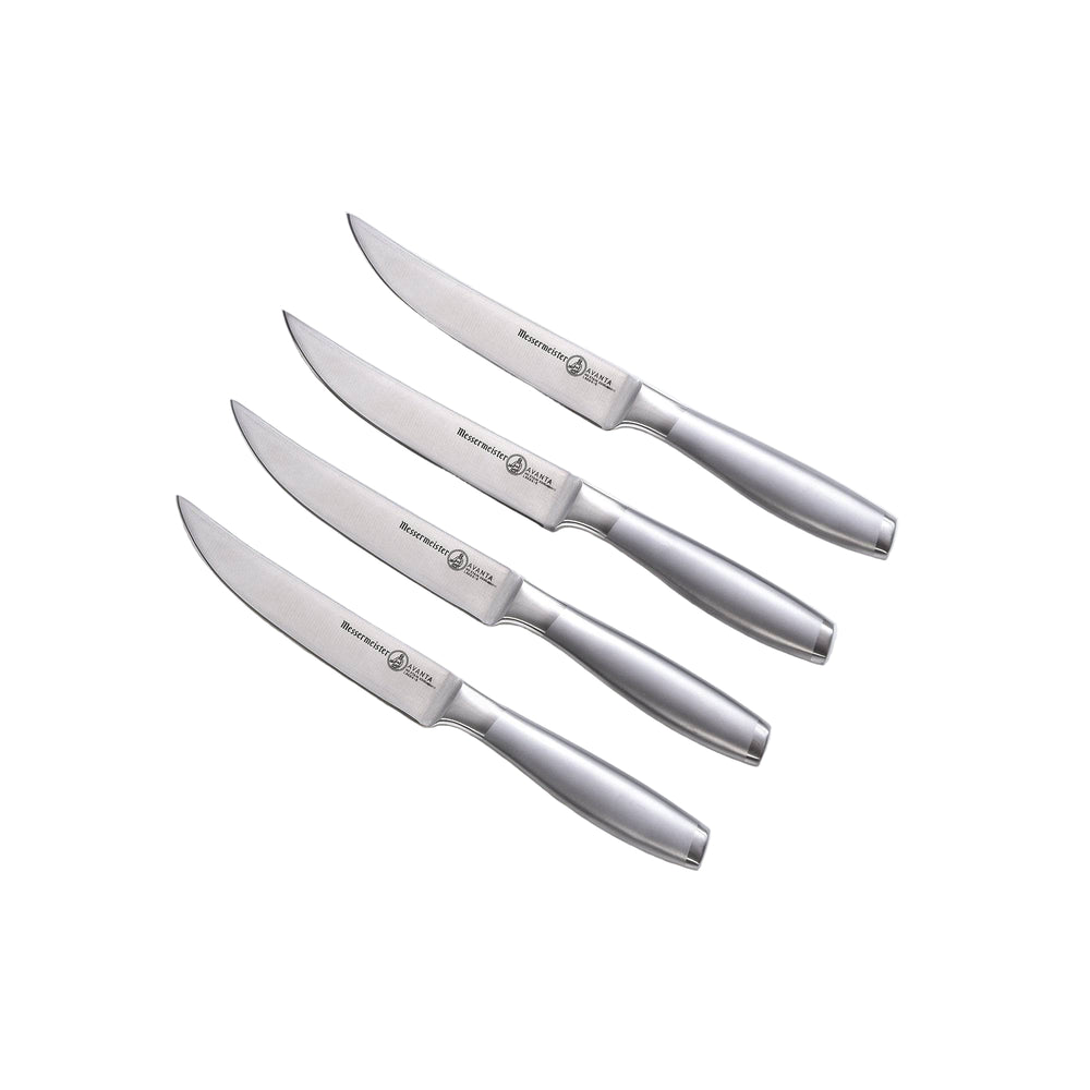 Messermeister Avanta 4-piece stainless steel steak knife set side angle showing polished stainless steel handles and blades