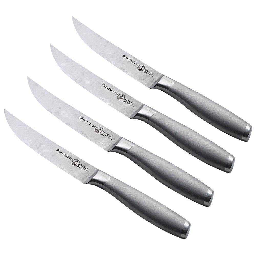 Angled view of Messermeister Avanta stainless steel steak knife set 4-piece highlighting handle and blade design