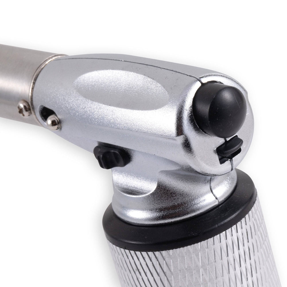 Close-up view of the Messermeister Cheflamme Culinary Torch ignitor button and integrated child safety lock, highlighting the easy one-touch ignition system, secure locking mechanism, and durable ergonomic construction for safe professional kitchen use