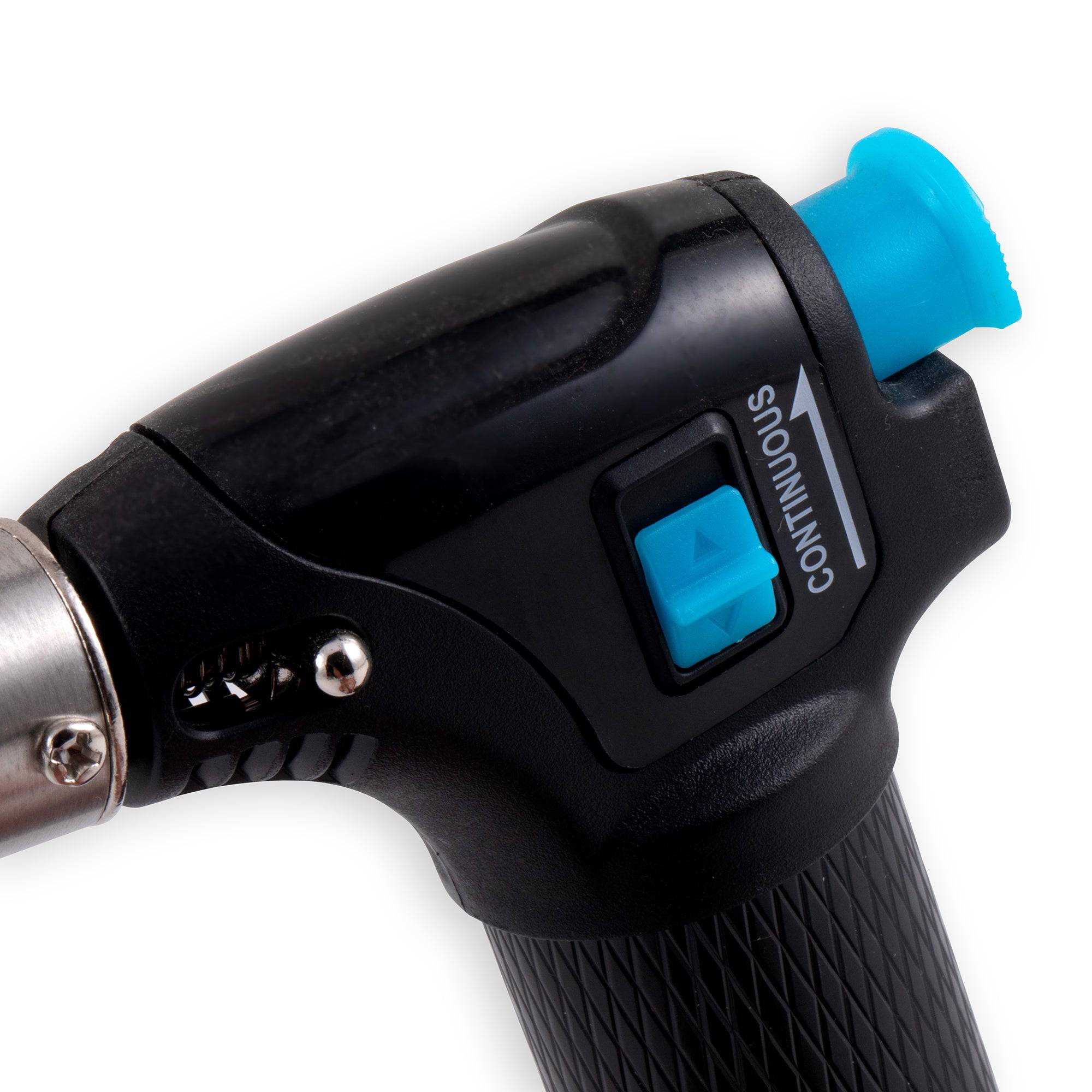 Close-up of the Messermeister Cheflamme Mini Culinary Torch ignition button, highlighting the one-touch trigger design, precision flame control, durable construction, and ergonomic grip for safe and easy culinary use