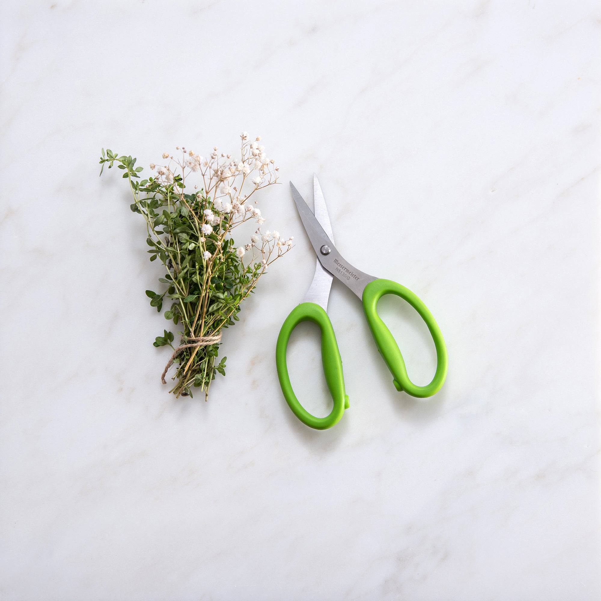 Messermeister 6-inch green culinary scissors with stainless steel blades and ergonomic green handles, displayed next to a bundle of fresh herbs on a marble background, styled for precise kitchen prep and herb cutting