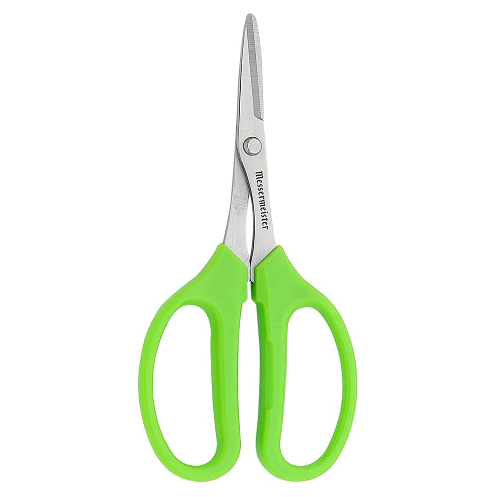 Messermeister 6-inch green culinary scissors with sharp stainless steel blades and ergonomic green handles, designed for precise kitchen cutting tasks including herbs, vegetables, and food prep