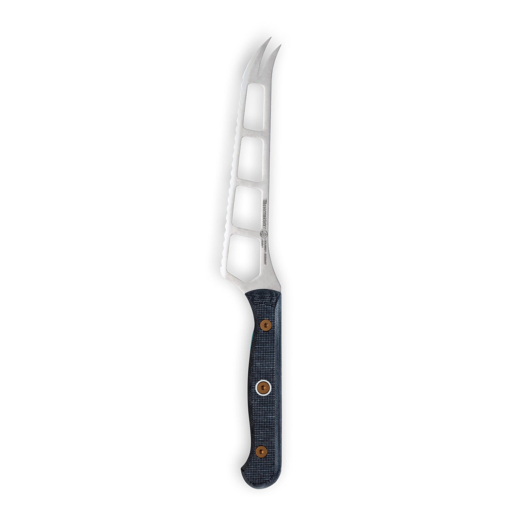 Messermeister Custom Cheese & Tomato Knife 5-inch upright, highlighting its serrated edge designed for clean cuts through soft cheese and tomatoes and texture of linen micarta handle