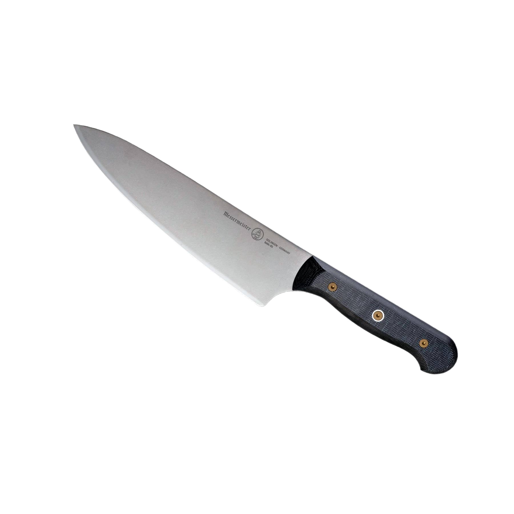 Angled view of Messermeister custom 8-inch chef’s knife highlighting sharp blade and ergonomic handle