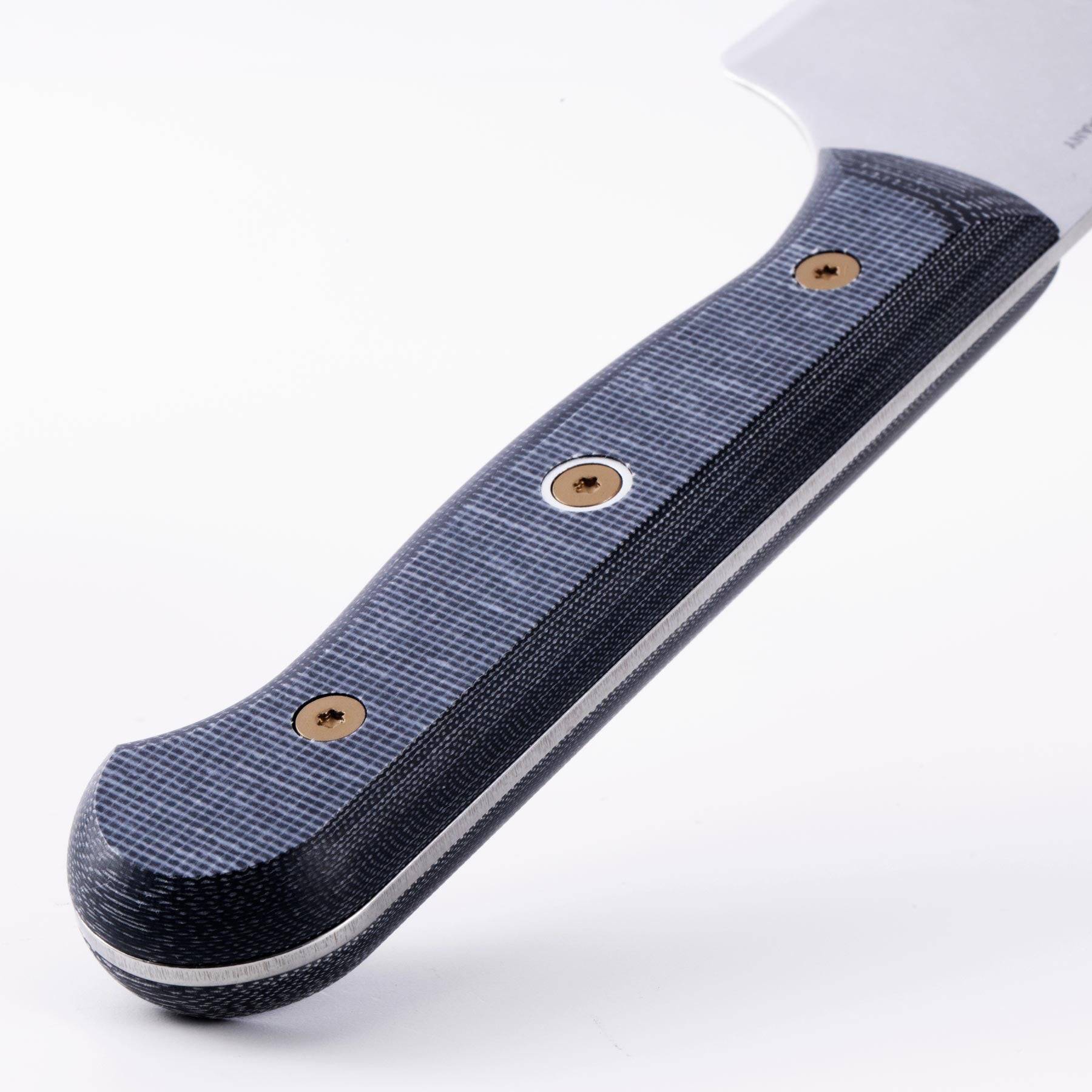 Close-up of Messermeister Custom Chefs knife linen Micarta knife handle showing textured grip and layered material