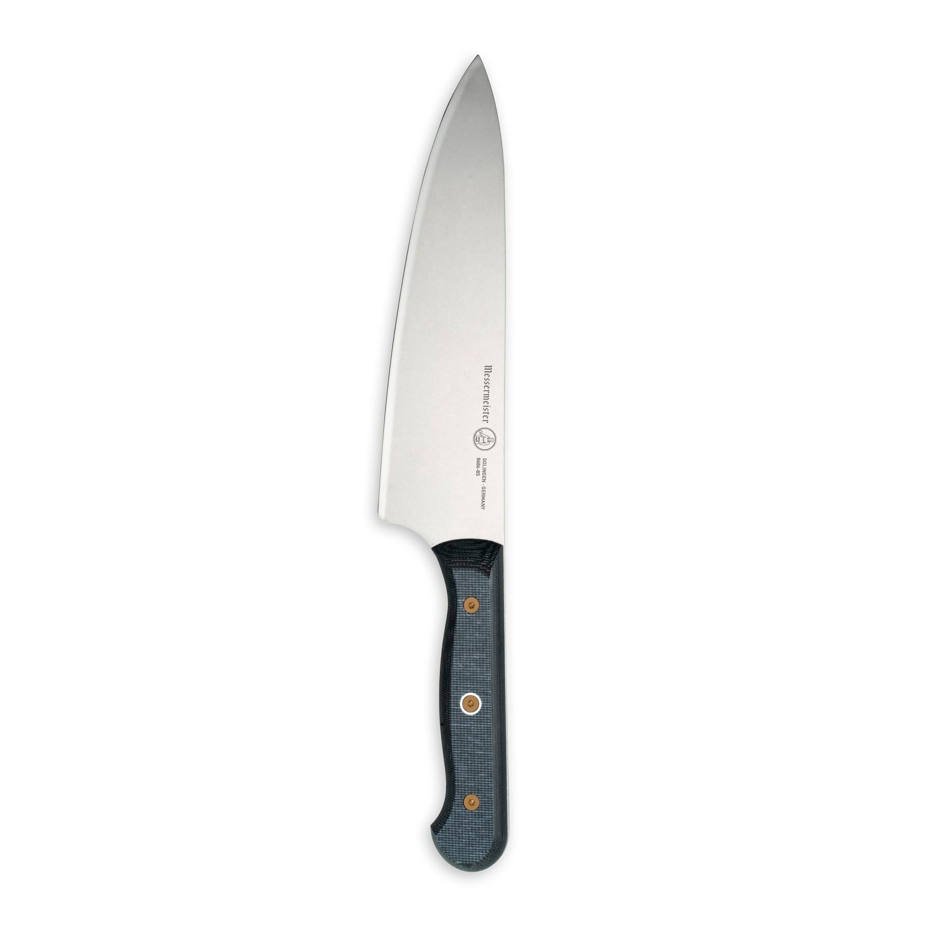 Close-up of Messermeister custom chef’s knife showing full stainless steel blade and Linen micarta handle