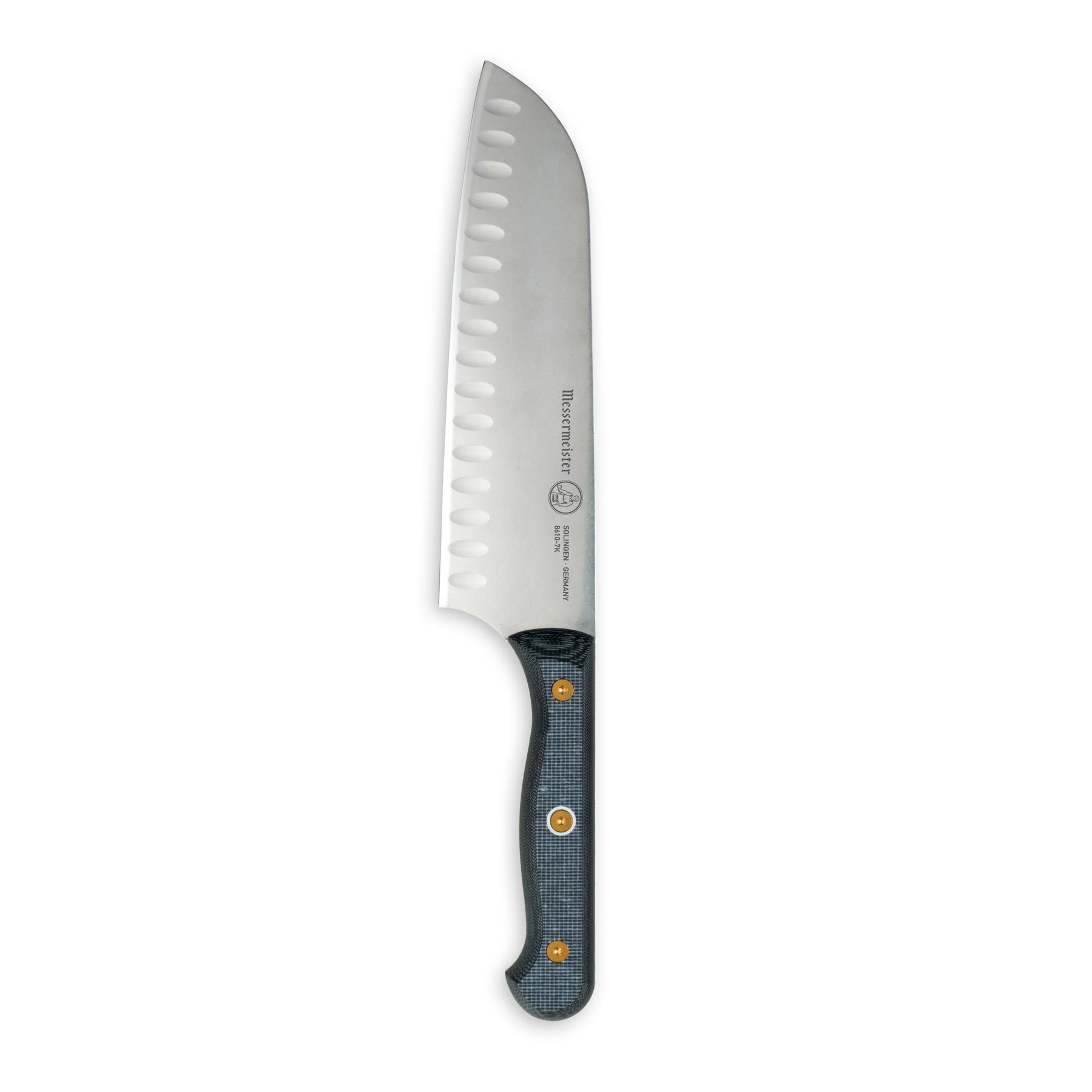 Upright view of Messermeister custom 7-inch santoku knife highlighting kullens and blade profile and linen micarta handle 