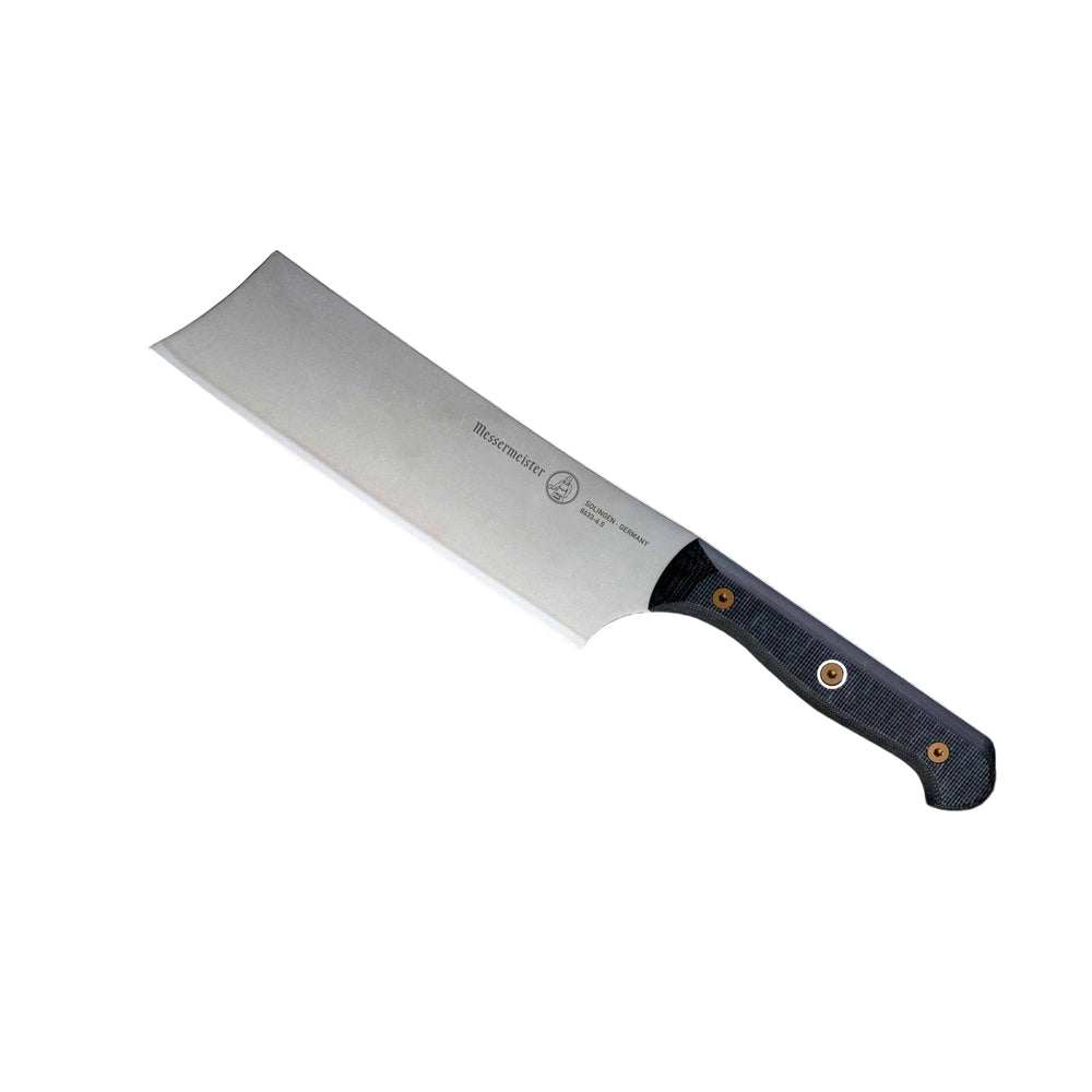 Messermeister Custom 6.5-inch nakiri knife angled showing wide straight-edge blade for vegetable prep