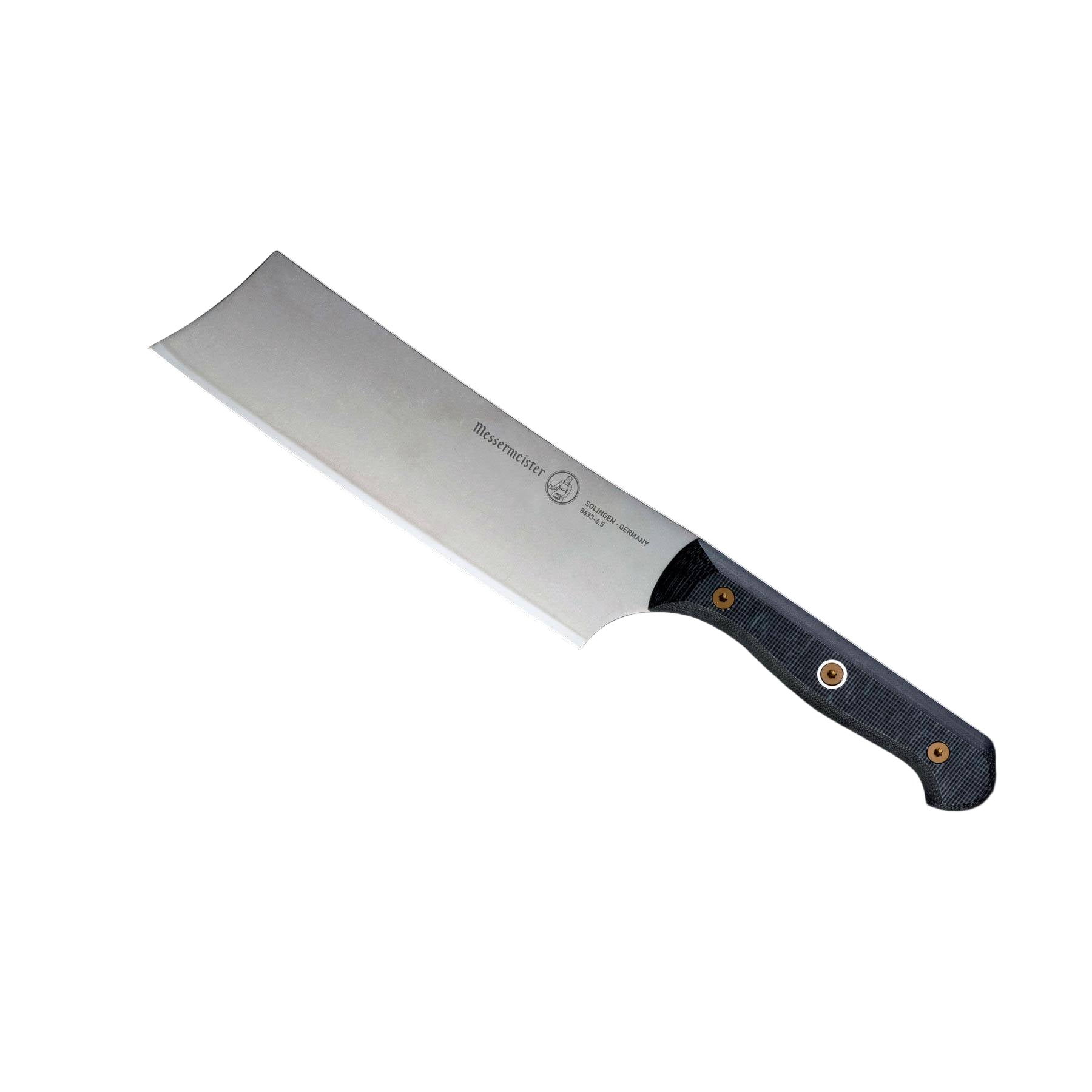 Messermeister Custom 6.5-inch nakiri knife angled showing wide straight-edge blade for vegetable prep