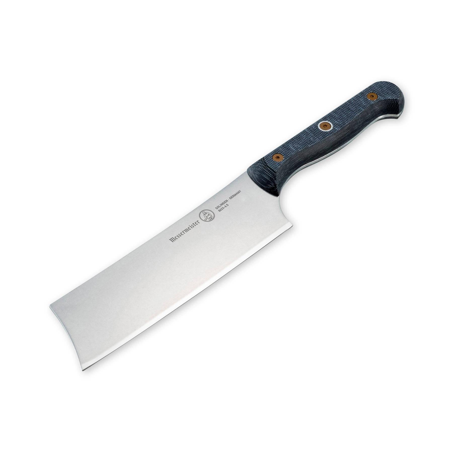 Angled-down view of Messermeister custom 6.5-inch nakiri knife showing flat blade and ergonomic Linen Micarta handle