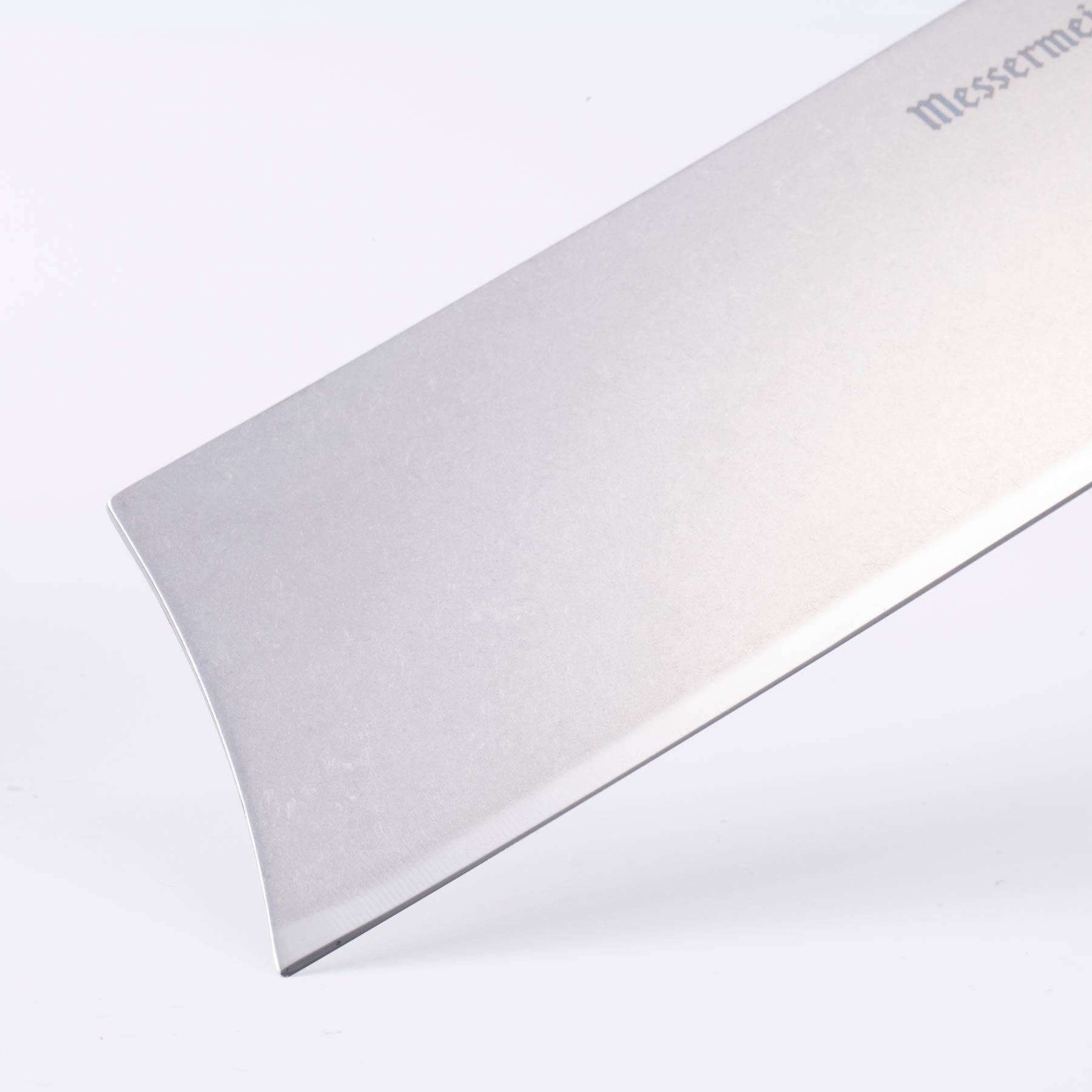 Messermeister custom nakiri knife tip detail showing precise straight-edge blade for vegetable cutting