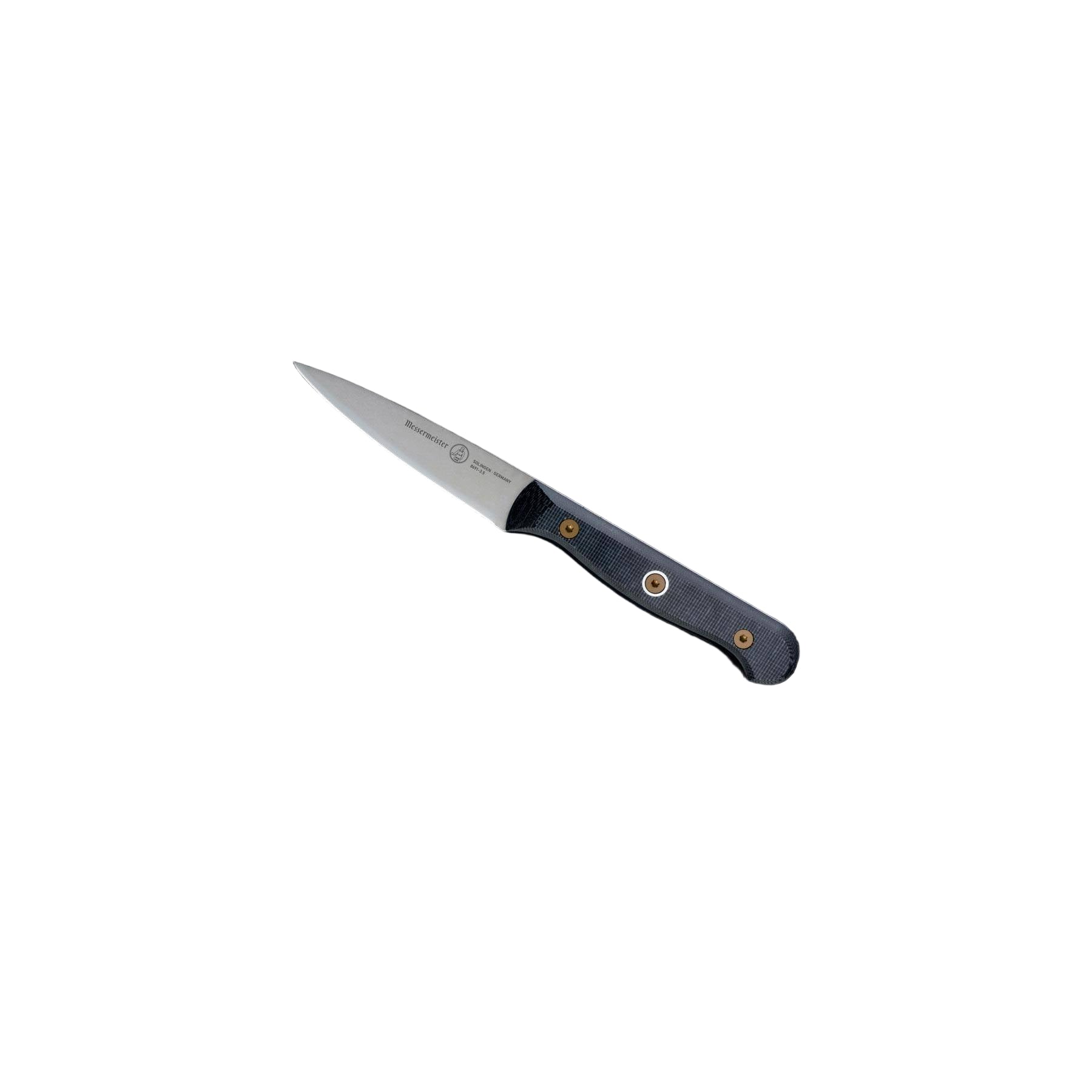 Messermeister Custom Paring Knife 3.5-inch angled upward, highlighting its sharp fine-tip blade and linen micarta handle designed for intricate cutting tasks