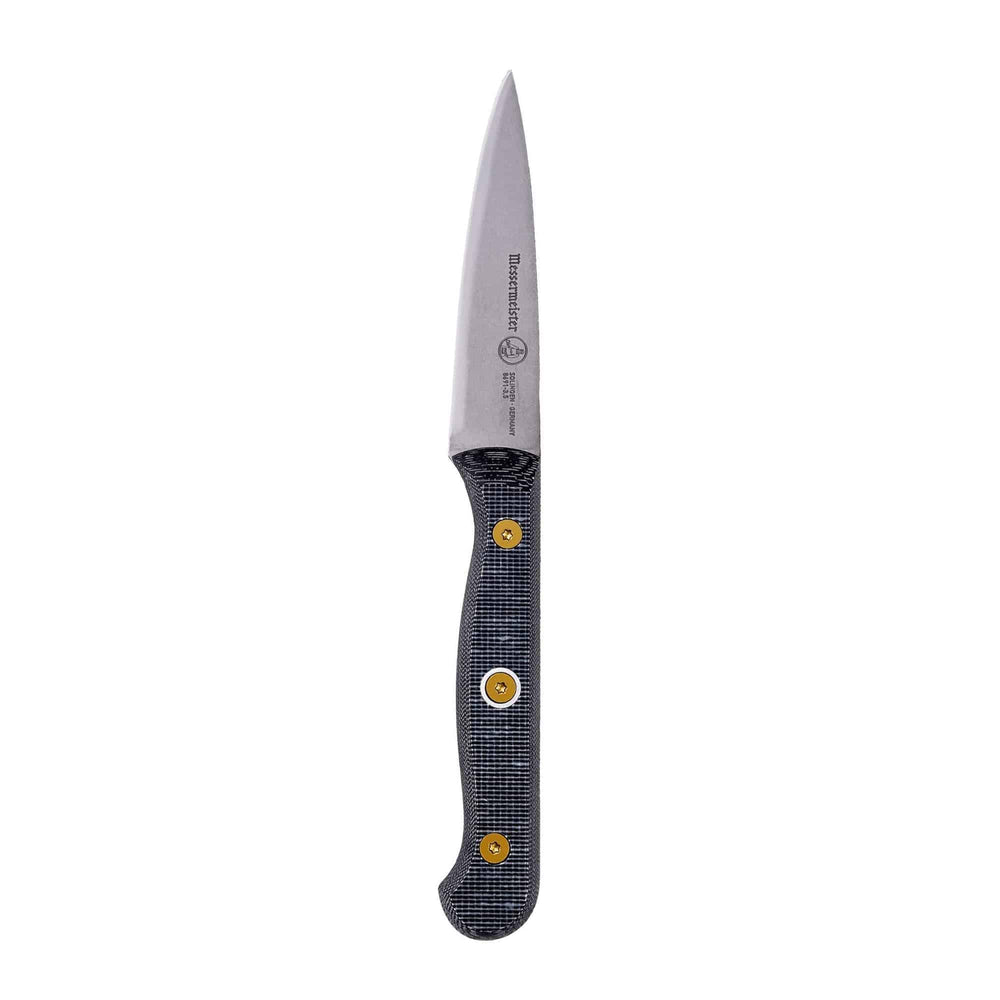 Messermeister Custom 3.5-inch paring knife angled up, with compact precision blade for detailed prep work