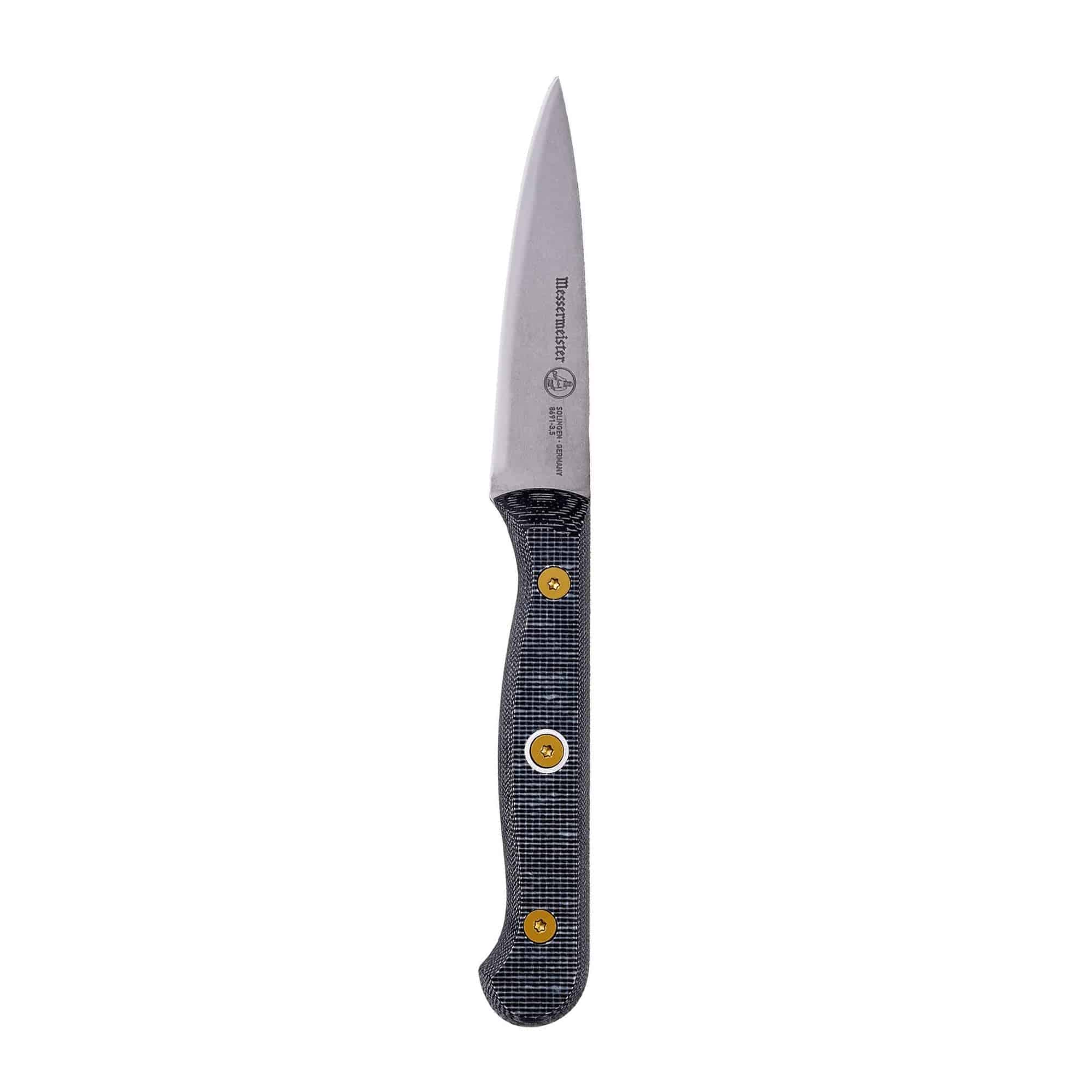 Messermeister Custom 3.5-inch paring knife angled up, with compact precision blade for detailed prep work