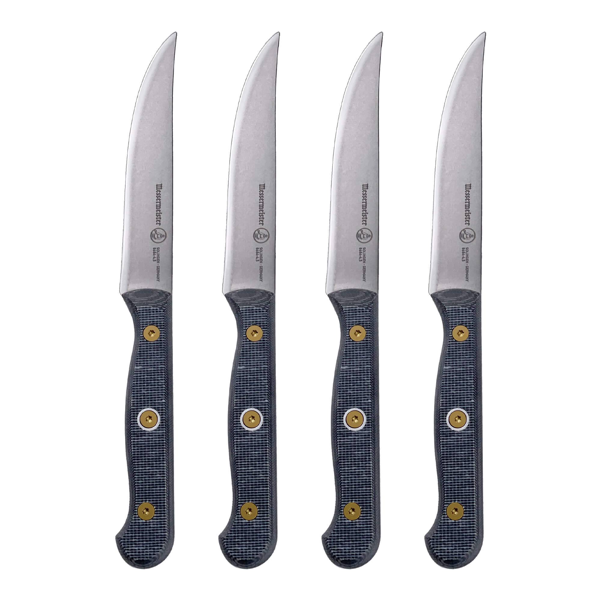 Up-close view of a four-piece Messermeister Custom steak knife set with 5-inch blades highlighting the sharp stainless steel edges and ergonomic modular handles with textured linen micarta scales