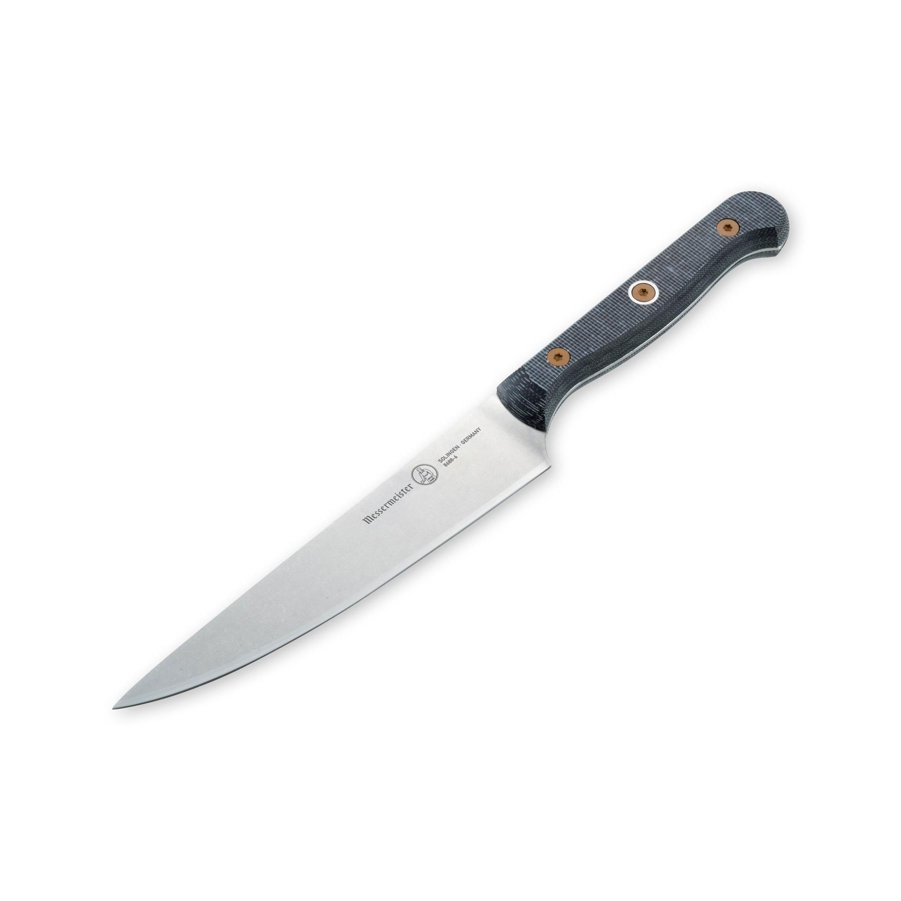 Messermeister Custom Utility Knife with 6-inch blade angled downward, revealing its sleek profile and edge detail