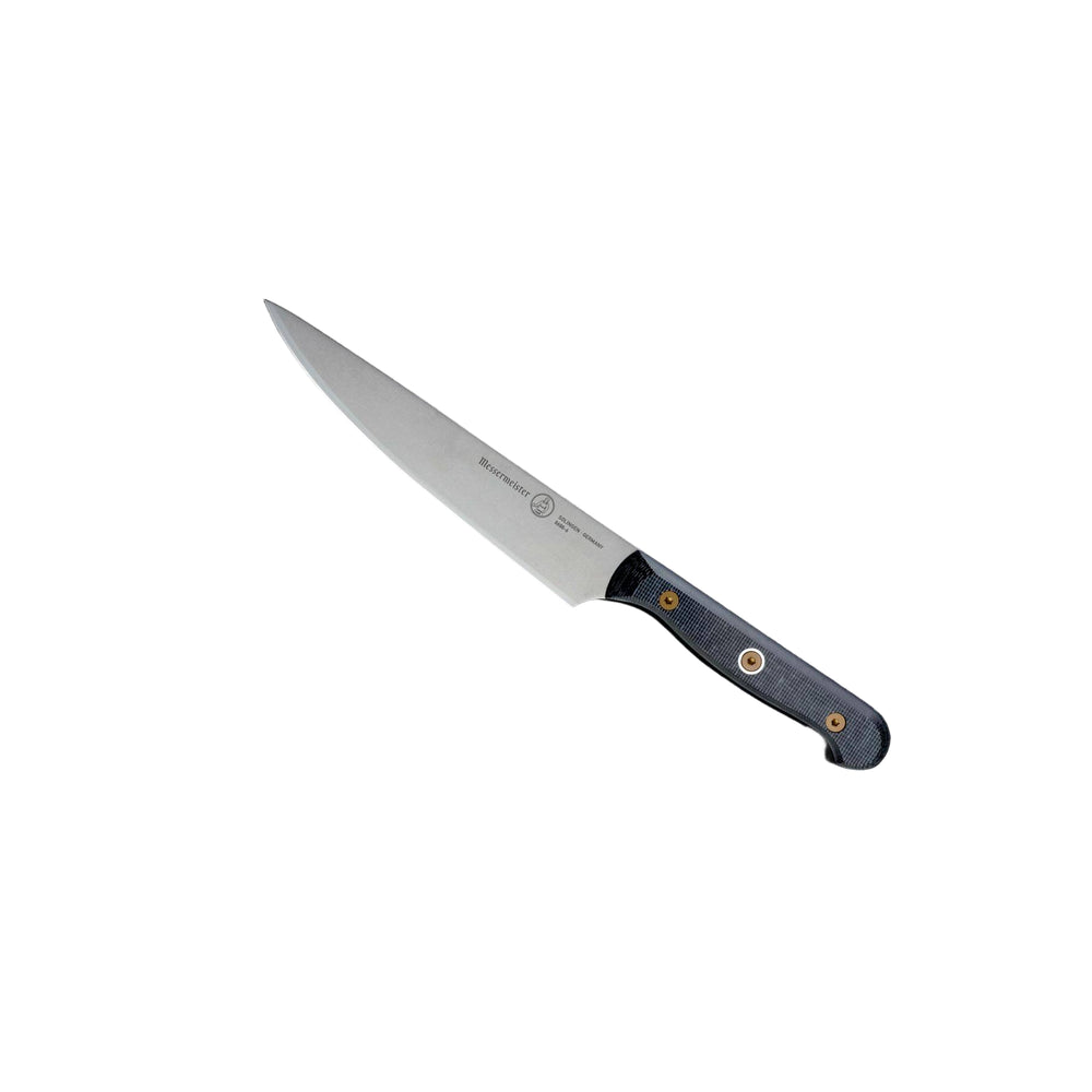 Messermeister Custom Utility Knife 6-inch angled up to highlight the sharp blade edge and refined linen micarta handle design