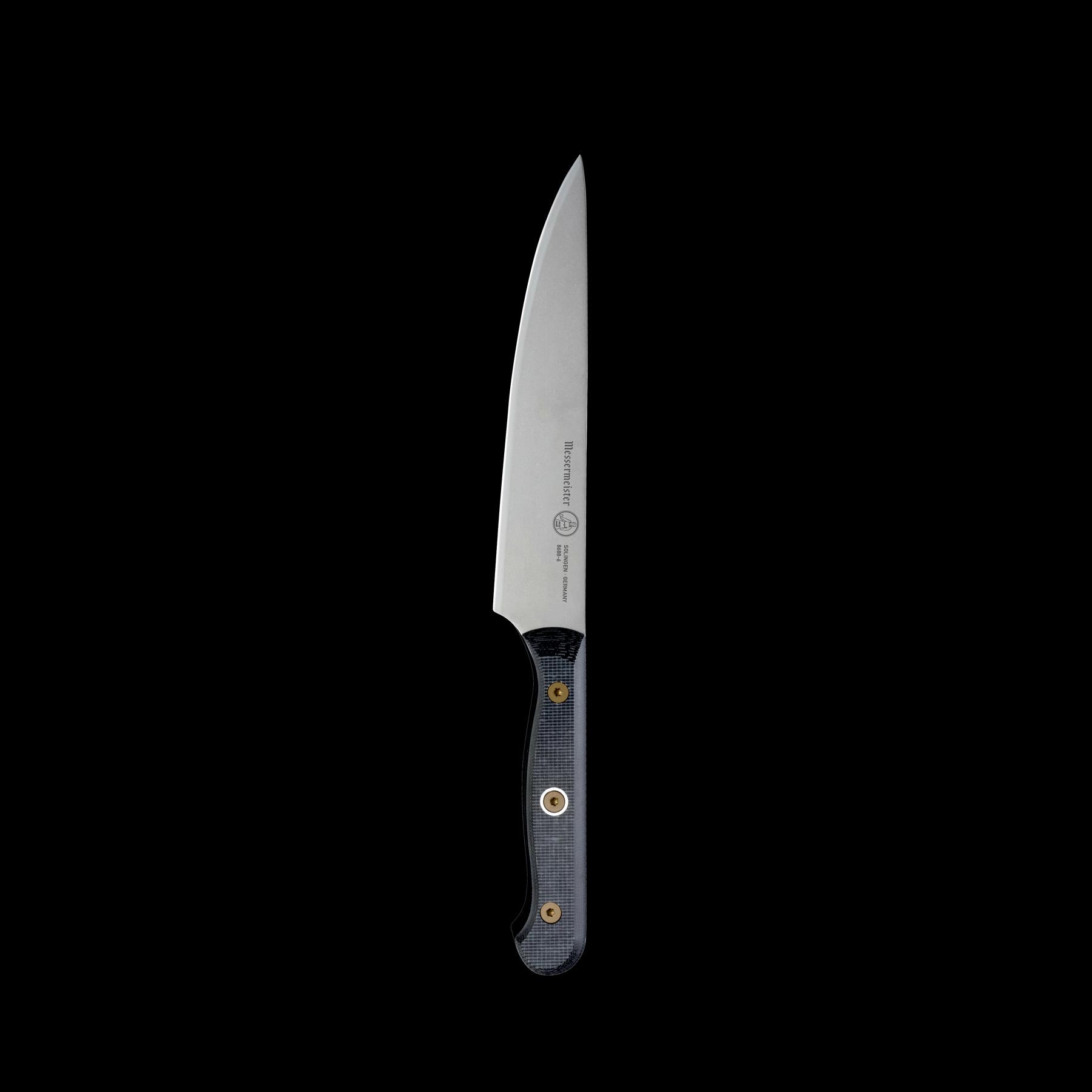 Messermeister Custom 6-inch utility knife displayed upright in a close-up view, showcasing its finely crafted blade and balance