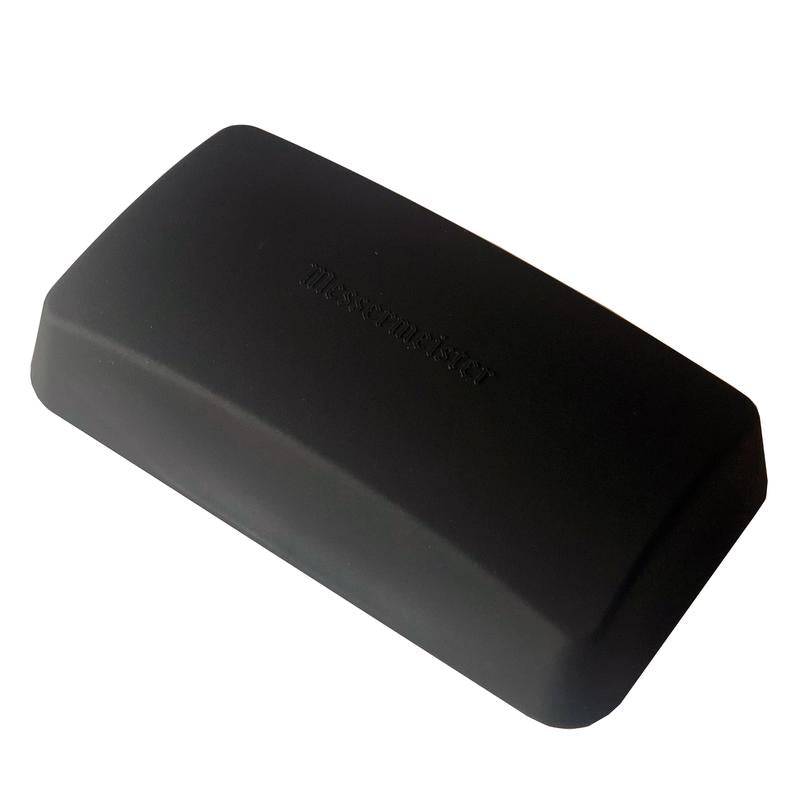 Messermeister black rectangular Diamond Stone Flattener with rounded edges, slightly curved on top on a white background tilted slightly up