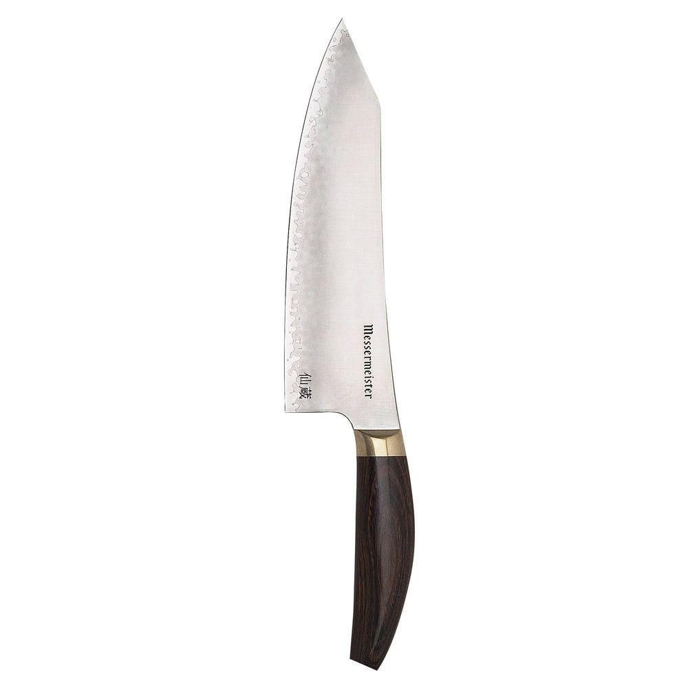 Kawashima 8 inch chefs knife with a san mai steel blade, gold bolster, and walnut pakkawood handle