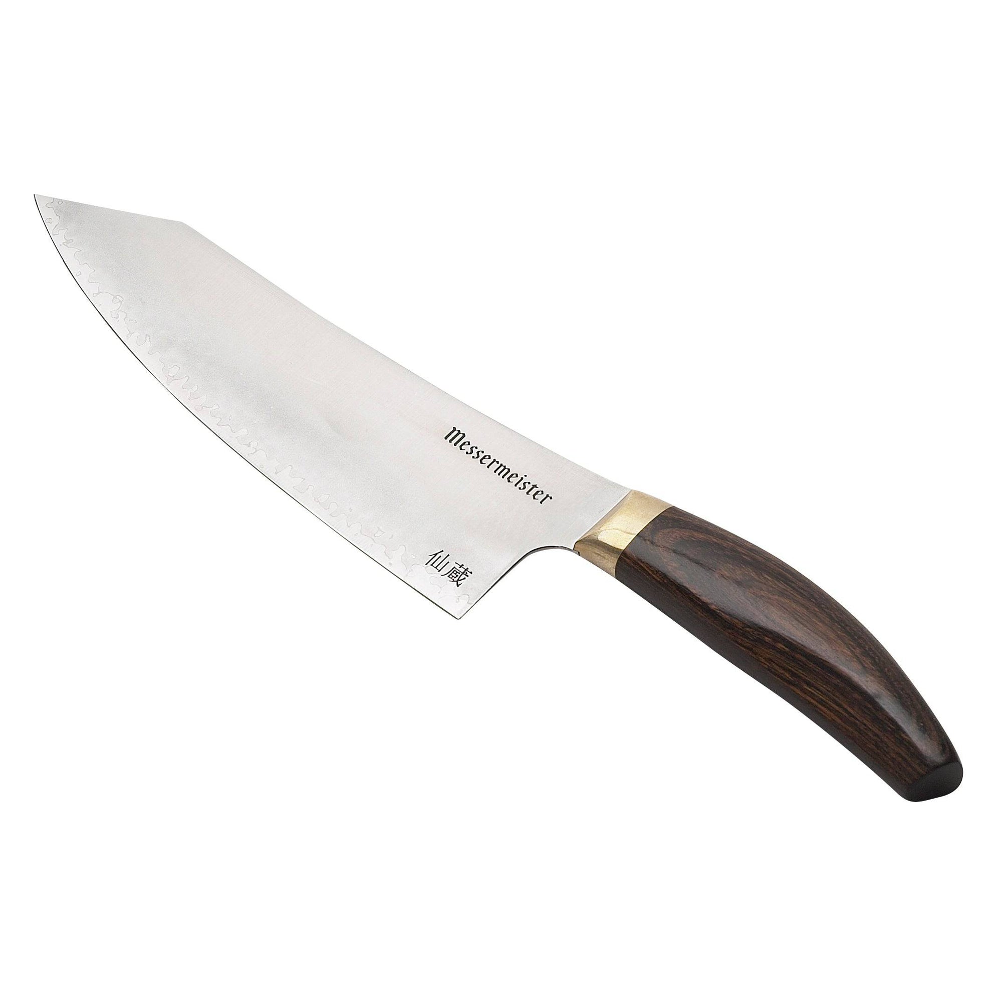 Kawashima 8 inch chef knife angled up san mai steel blade with gold bolster and walnut pakkawood handle on a white background.
