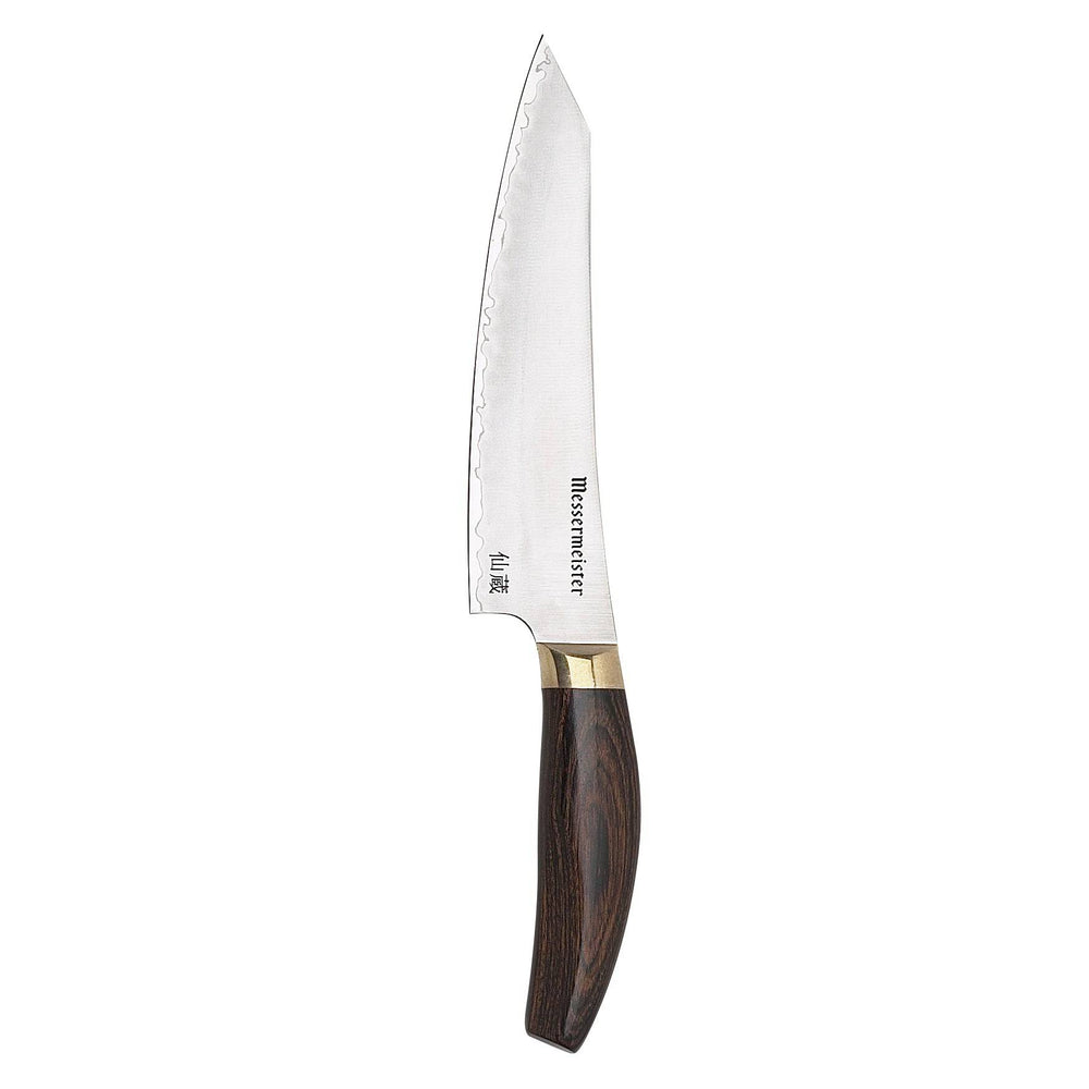 Messermeister Kawashima 6 inch utility knife with  san mai steel blade with gold bolster and walnut pakkawood handle on a white background