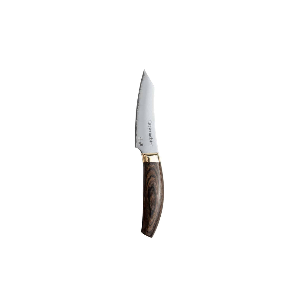 Messermeister Kawashima 3.5 inch paring knife with  san mai steel blade with gold bolster and walnut pakkawood handle on a white background