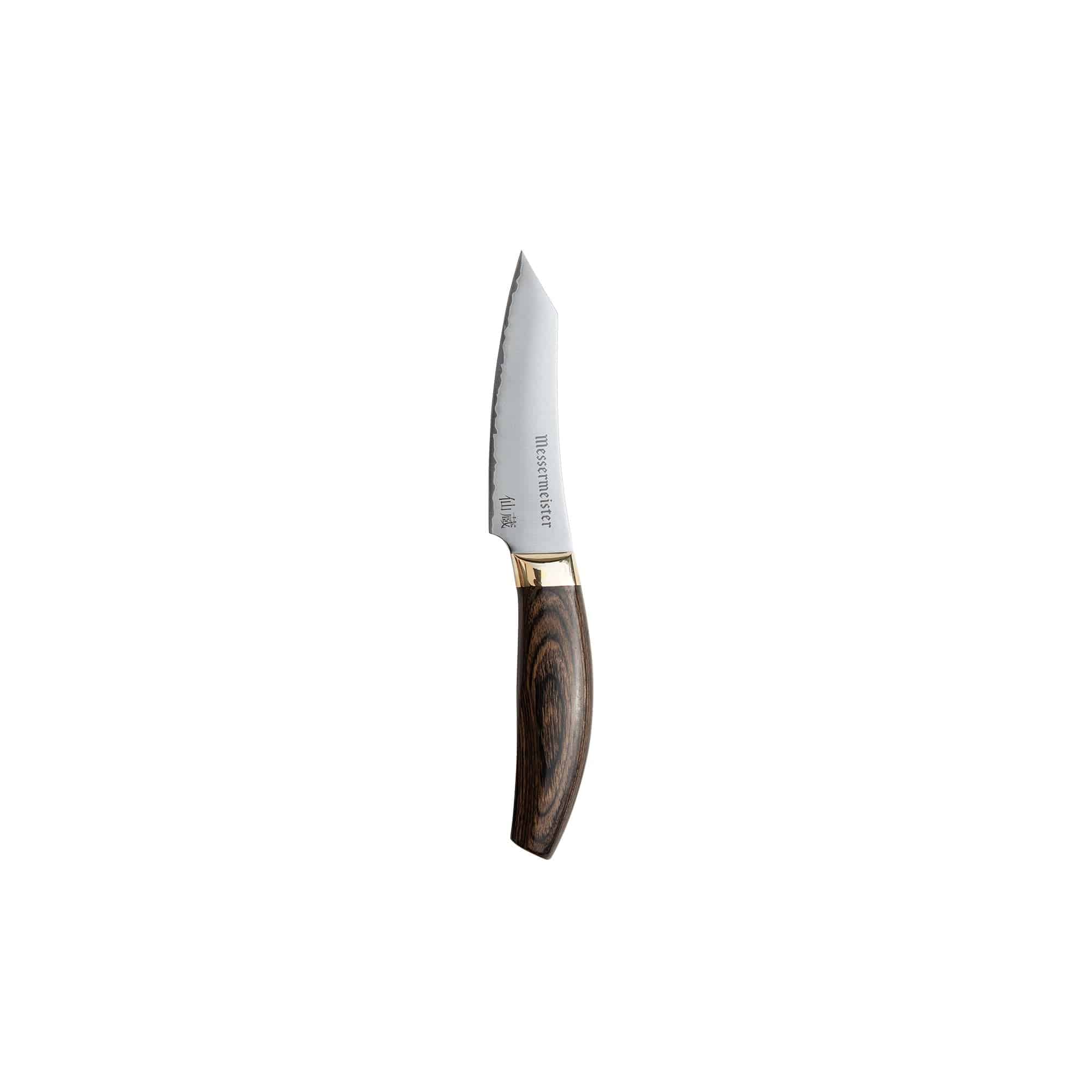 Messermeister Kawashima 3.5 inch paring knife with  san mai steel blade with gold bolster and walnut pakkawood handle on a white background