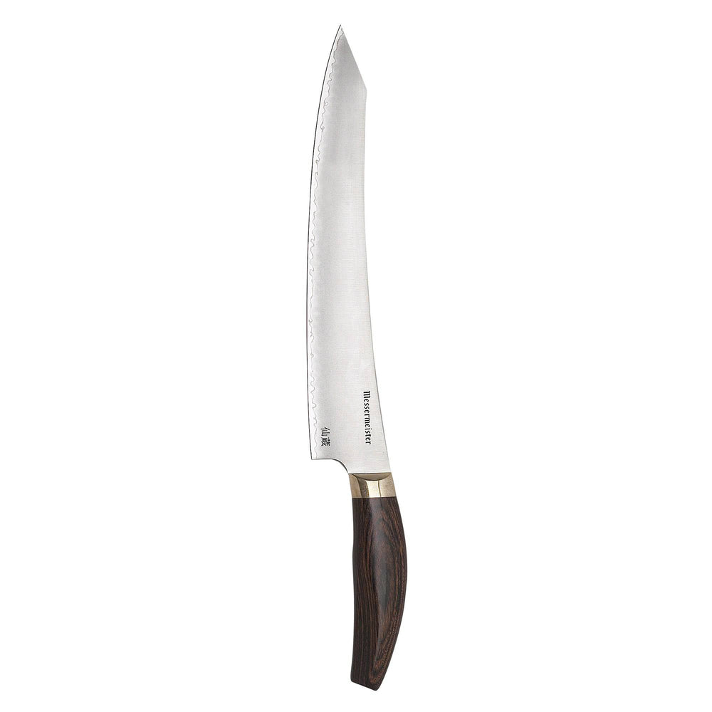 Messermeister Kawashima 10 inch Slicer with san mai steel blade with gold rivet and walnut pakkawood handle on a white background