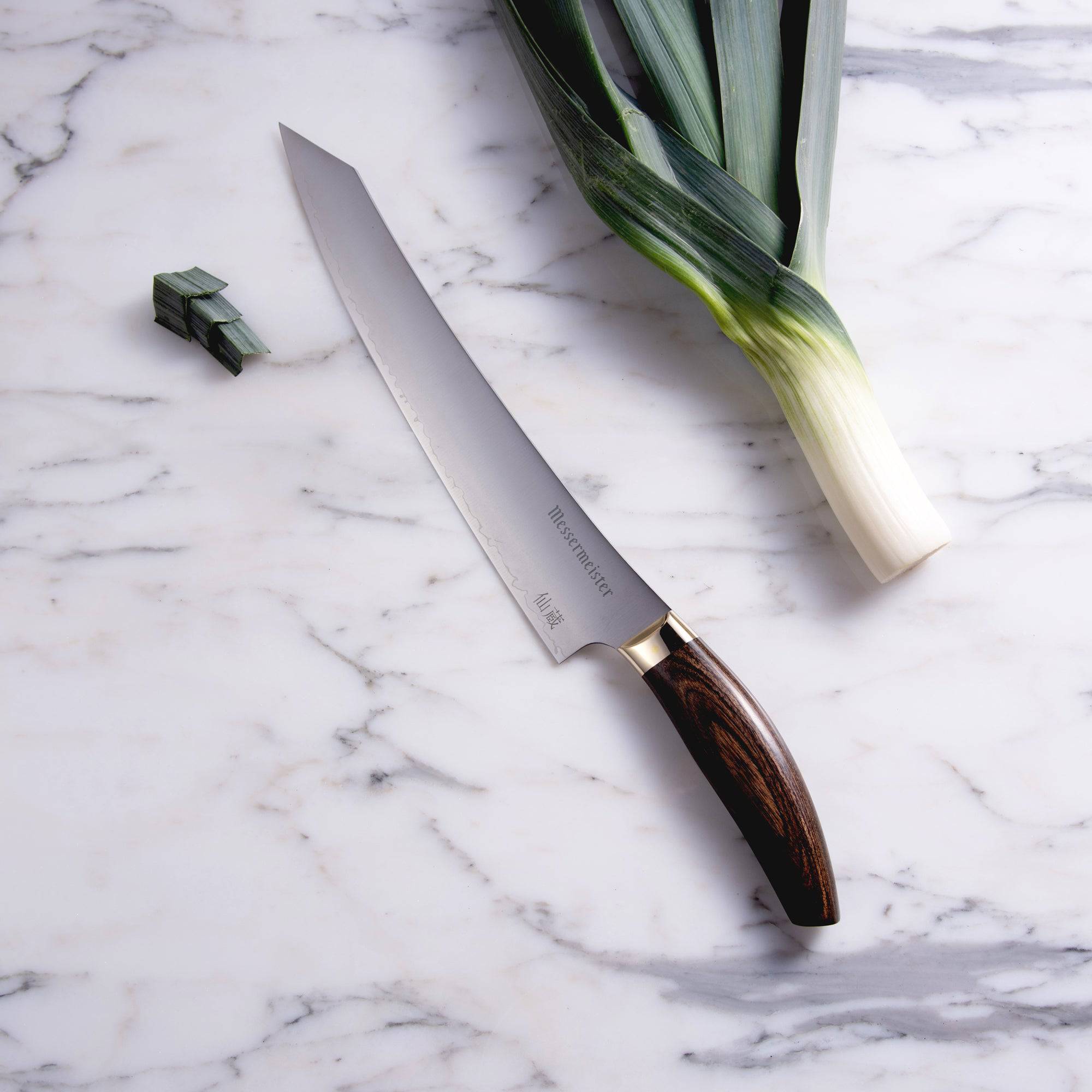 Messermeister Kawashima 10 inch Slicer with a Walnut Pakkawood Handle and gold bolster