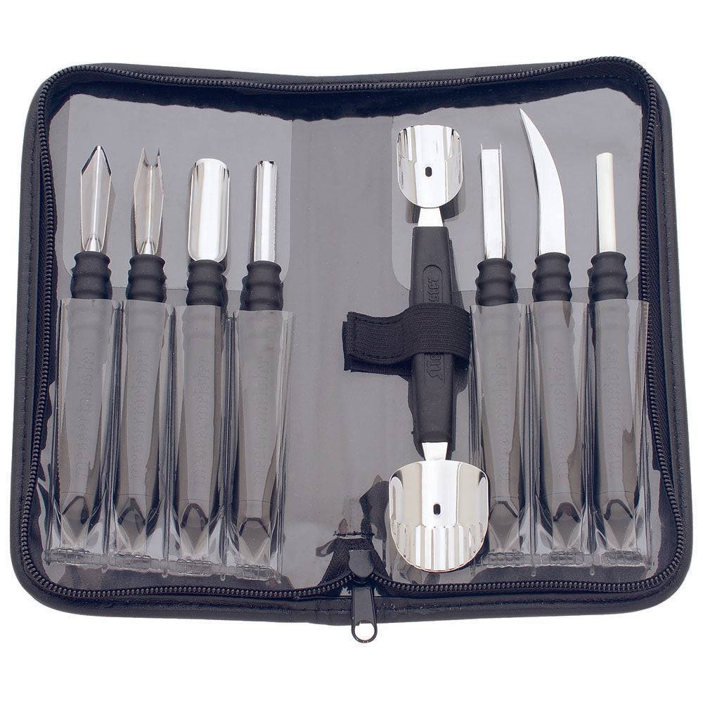 Messermeister 9 Piece Garnishing Tool Set Set with 9 different metal tools in a black zippered case