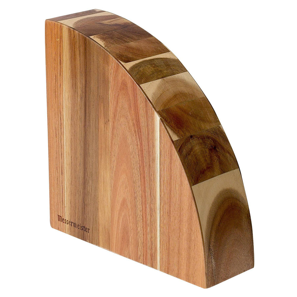 The Messermeister Quarter moon magnetic wooden block on a white background.