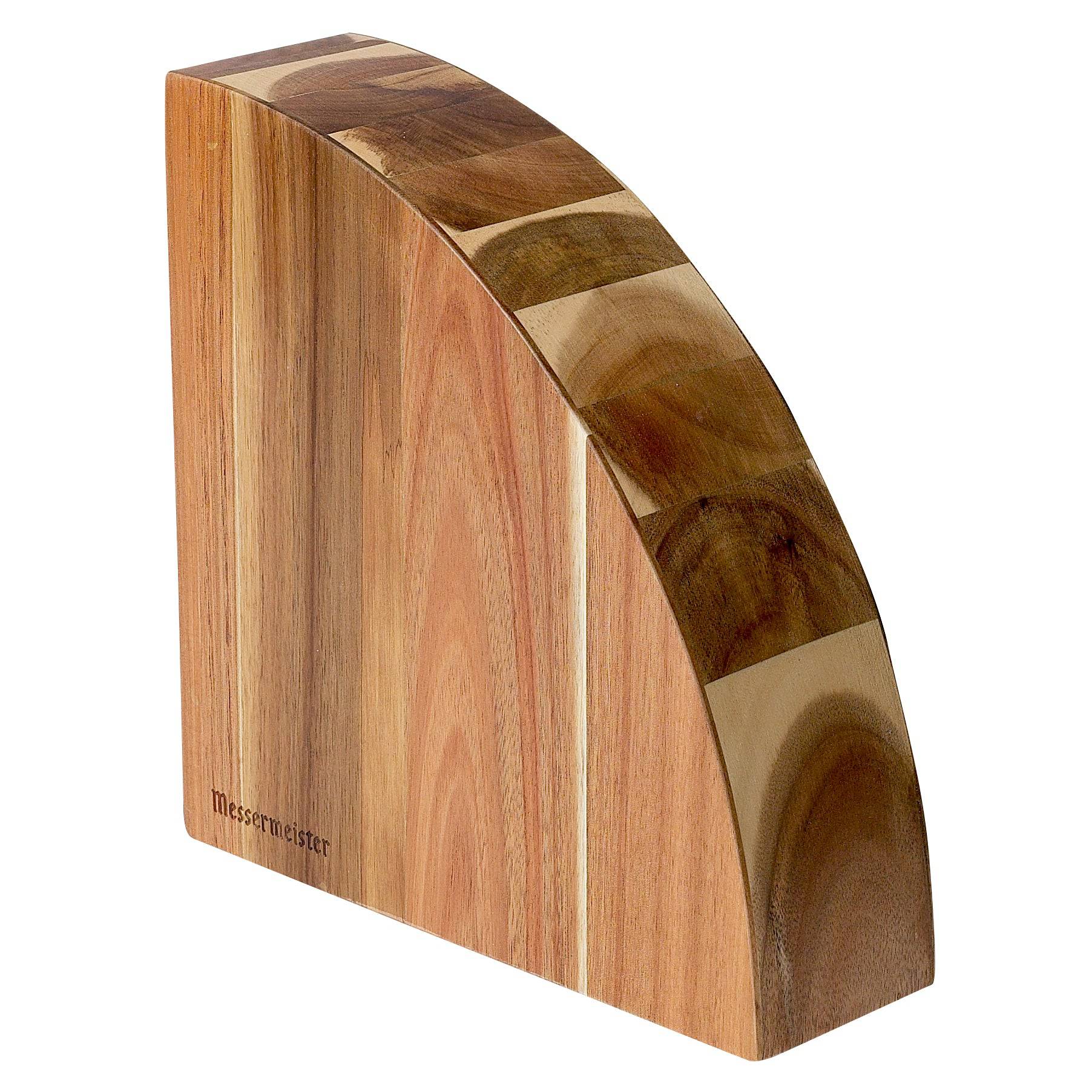The Messermeister Quarter moon magnetic wooden block on a white background.