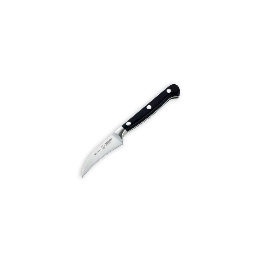Angled view of the Meridian Elite Bird's Beak Garnishing Knife with a curved stainless steel blade and triple rivet black handle pointing bottom left