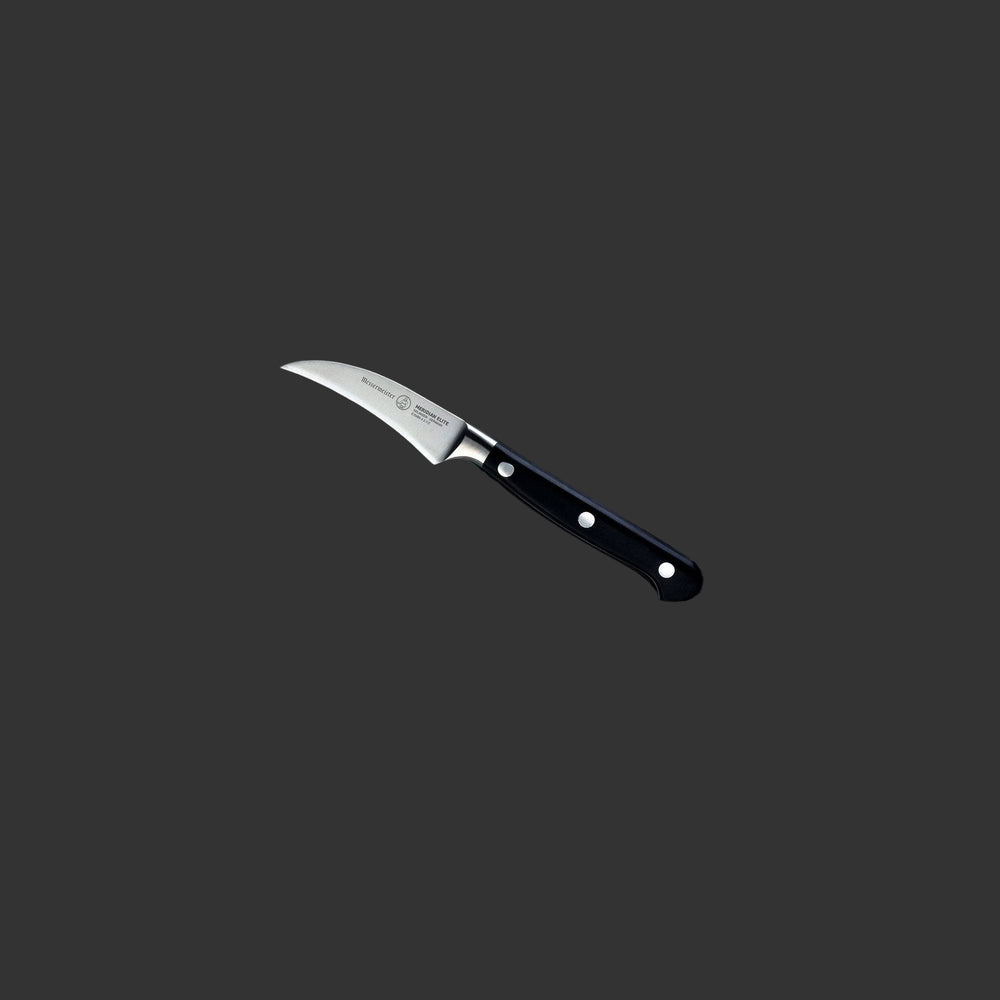 Meridian Elite Bird's Beak Garnishing Knife with a curved stainless steel blade and triple rivet black handle angled view pointing to upper left