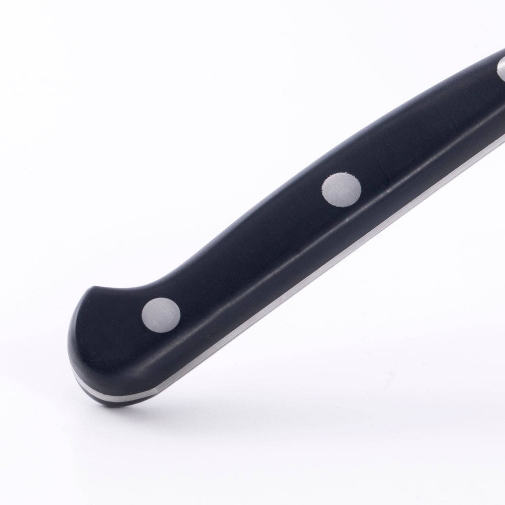 Meridian Elite Bird's Beak Garnishing Knife close up of the triple rivet black handle