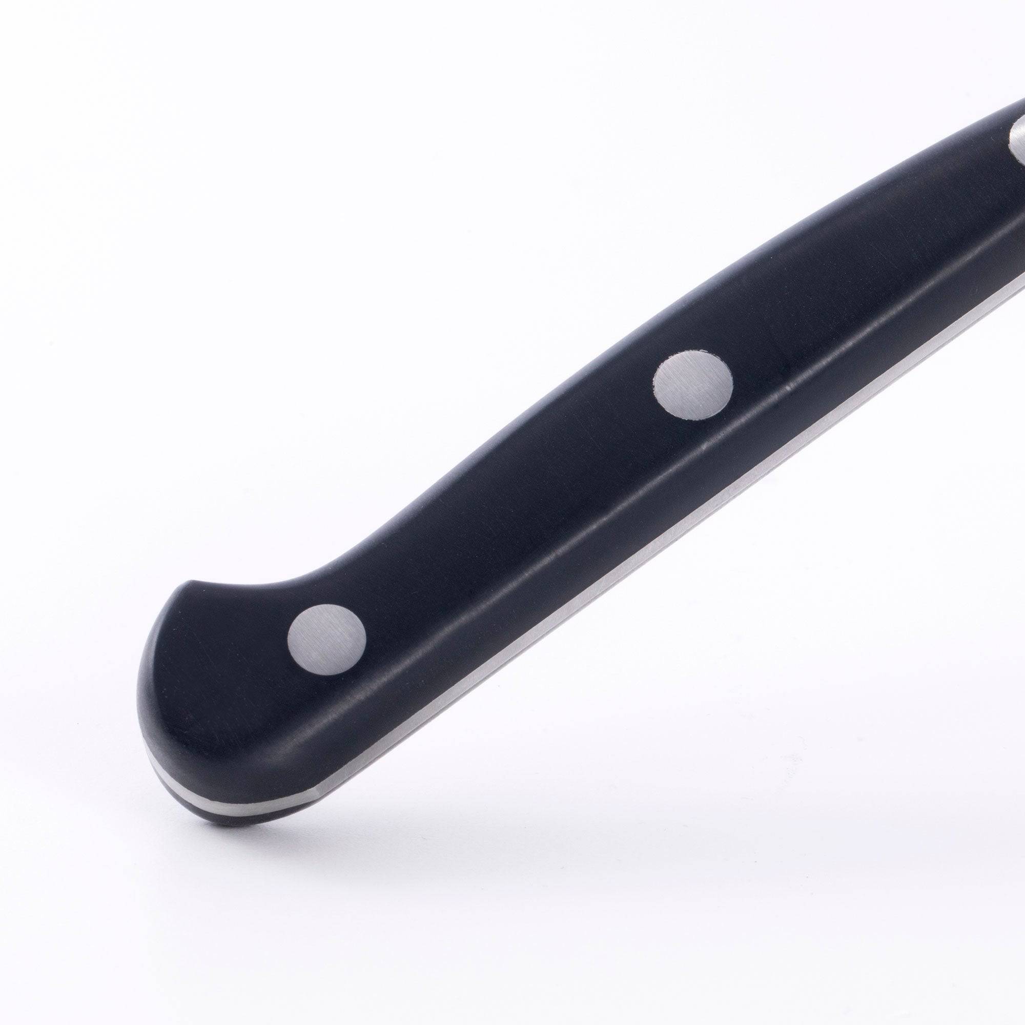 Meridian Elite Bird's Beak Garnishing Knife close up of the triple rivet black handle