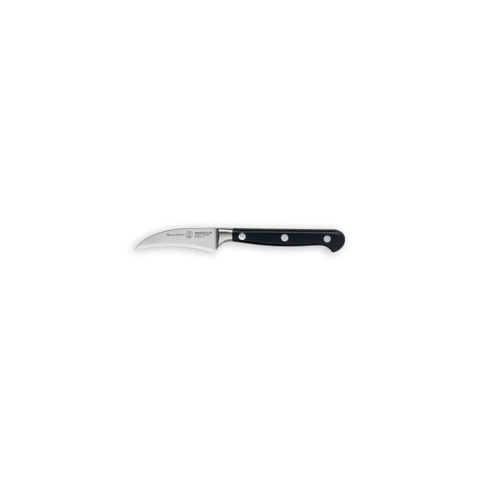 Side view of the Meridian Elite Bird's Beak Garnishing Knife with a curved stainless steel blade and triple rivet black handle pointing left