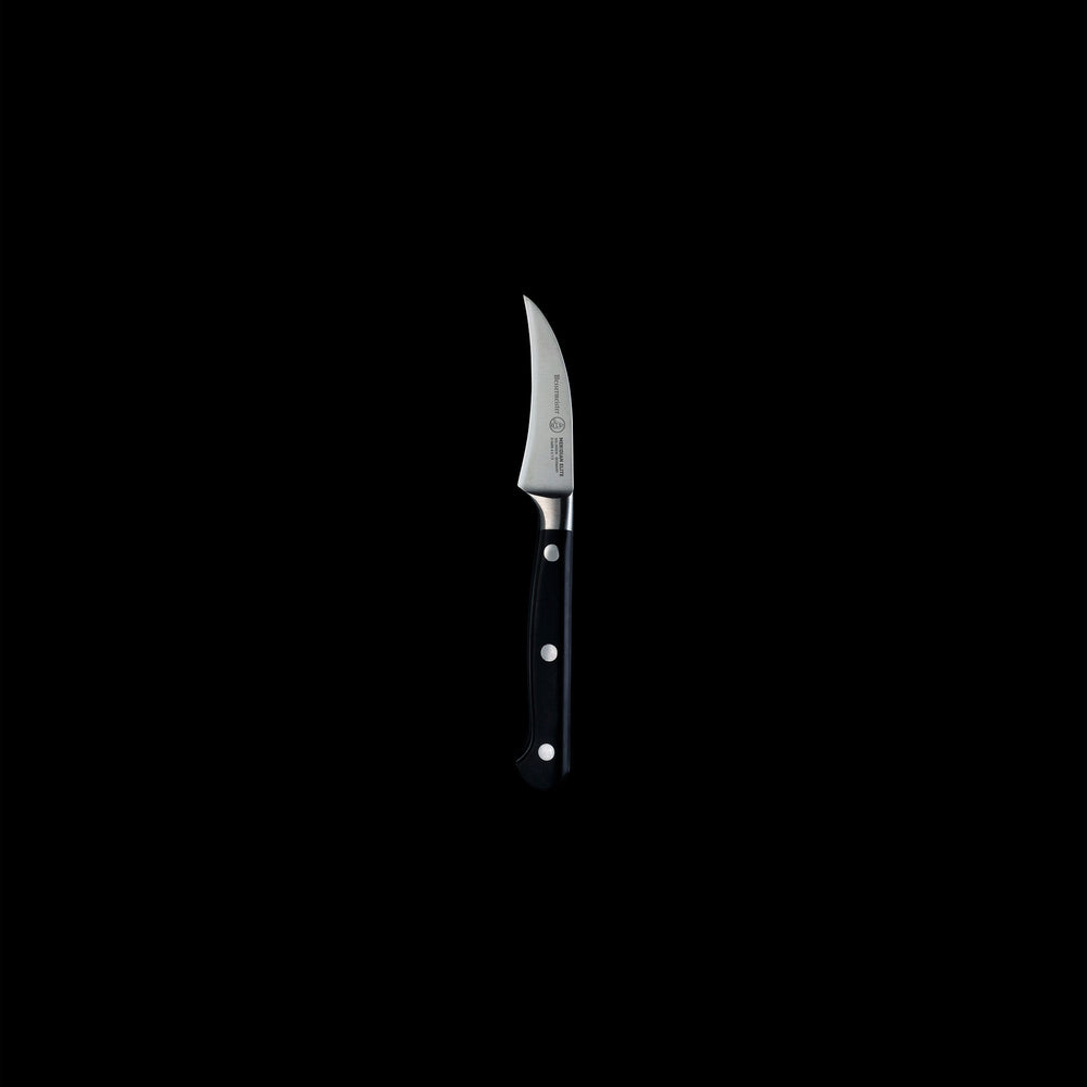 Full view of the Meridian Elite Bird's Beak Garnishing Knife with a curved stainless steel blade and triple rivet black handle