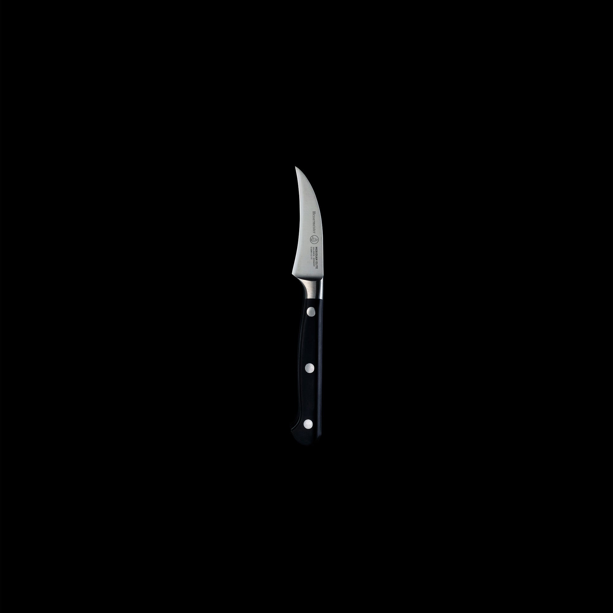 Full view of the Meridian Elite Bird's Beak Garnishing Knife with a curved stainless steel blade and triple rivet black handle