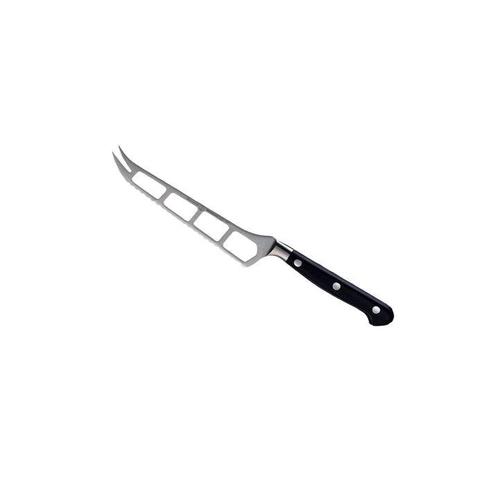 Messermeister Meridian Elite Cheese & Tomato Knife - 5" angled view of steel blade with holes and two prongs at the tip 